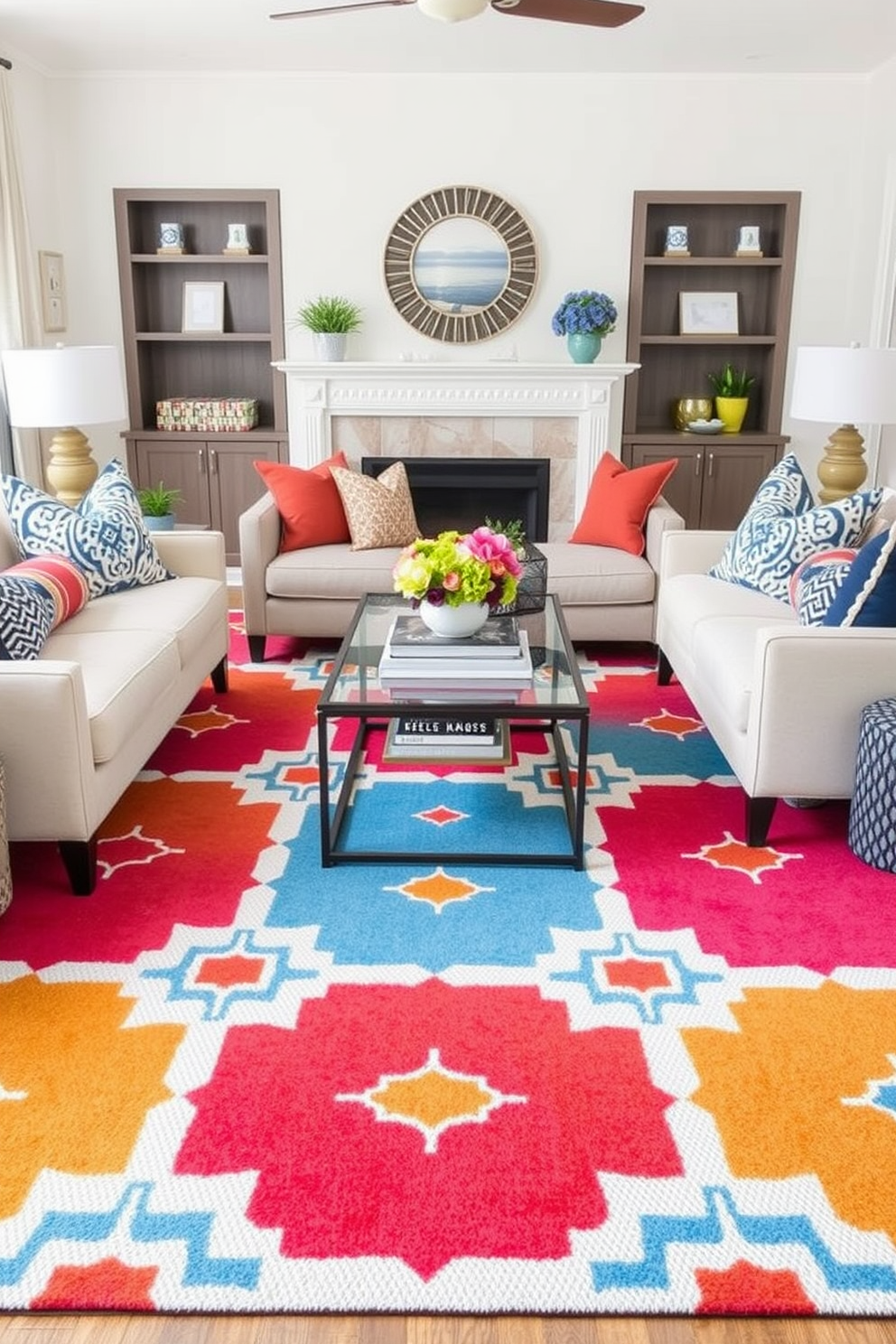 A vibrant accent rug featuring red white and blue patterns lies in the center of the living room, adding a festive touch to the space. Surrounding the rug, comfortable seating options in neutral tones create a cozy atmosphere perfect for celebrating Labor Day. On the walls, patriotic-themed artwork and decorative elements enhance the holiday spirit, while soft lighting casts a warm glow throughout the apartment. The overall design combines style and comfort, making it an inviting space for gatherings and relaxation.