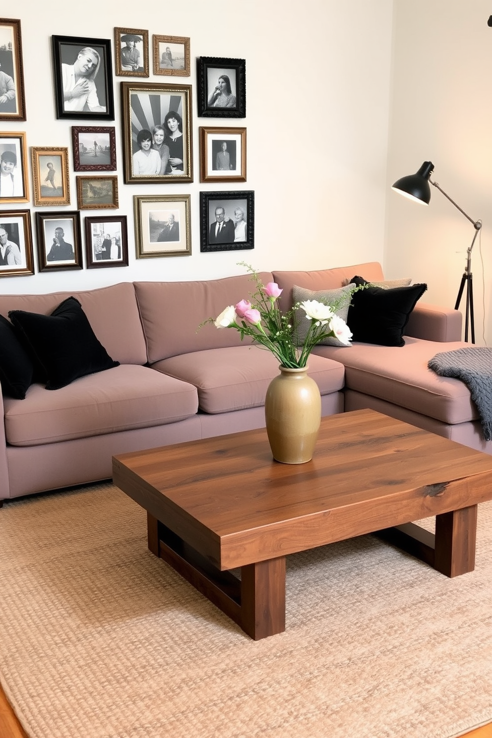 A cozy living room that blends modern comfort with vintage charm. A plush sectional sofa in a muted color is paired with a reclaimed wood coffee table adorned with an antique vase and fresh flowers. On the walls, a gallery of vintage frames showcases black and white photographs. A retro floor lamp stands beside the sofa, casting a warm glow over a woven area rug that adds texture to the space.