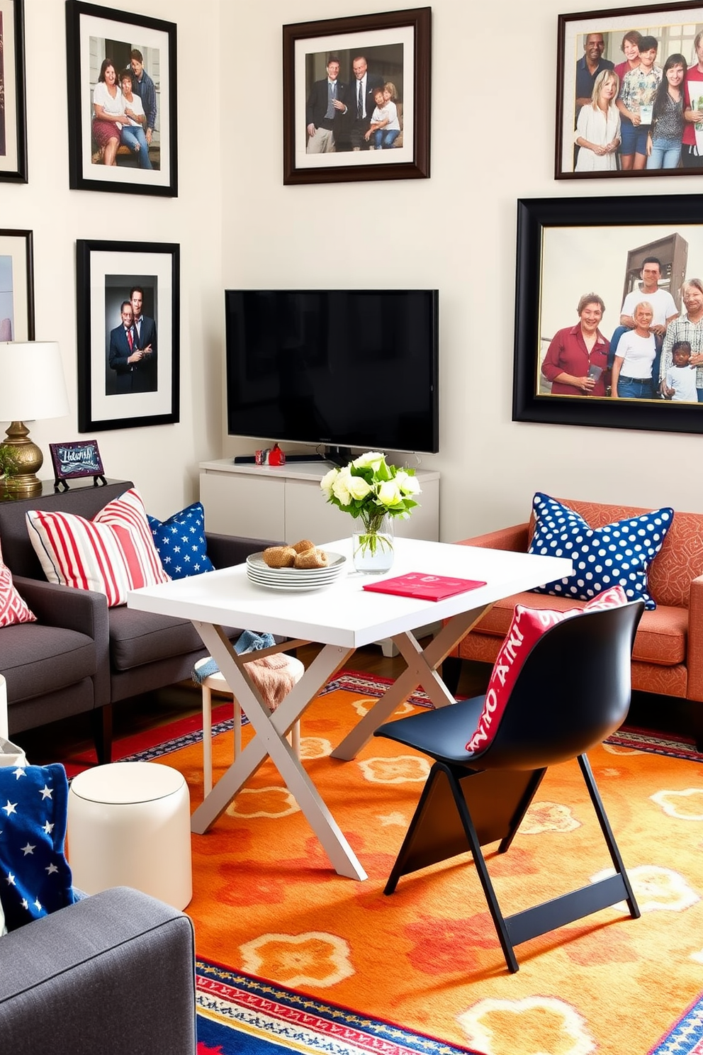 Rustic wooden crates stacked in a cozy corner provide a charming storage solution. They are filled with soft blankets and decorative pillows, adding warmth to the space. The apartment features vibrant Labor Day decorations, including red, white, and blue accents. A festive table setting showcases seasonal fruits and themed tableware, creating a welcoming atmosphere.