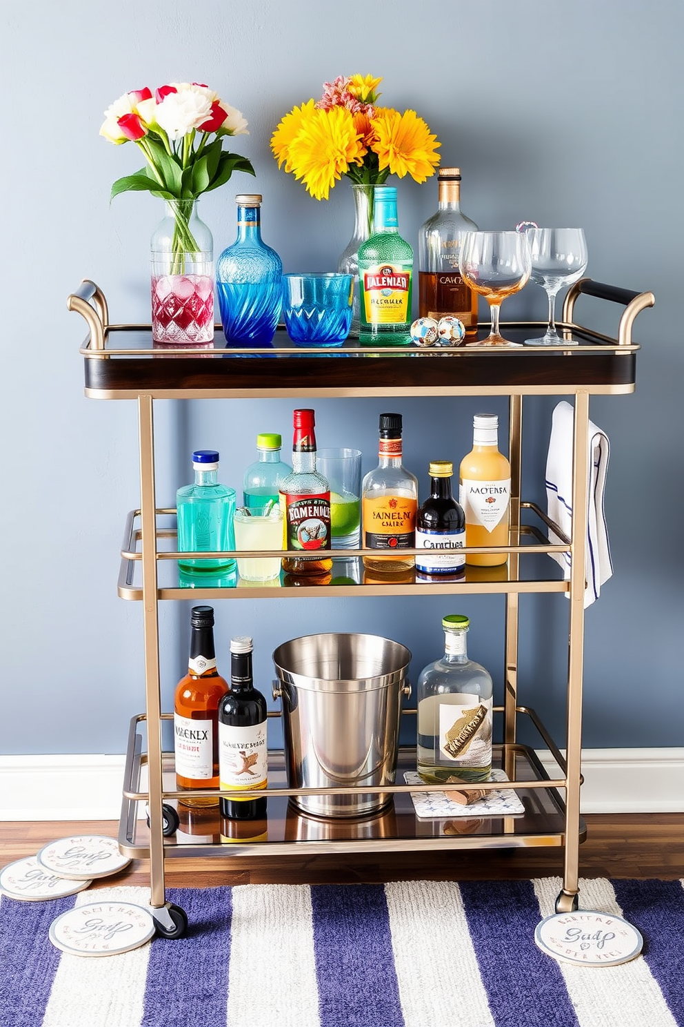 Create a stylish bar cart designed for entertaining guests during Labor Day celebrations. The cart features a sleek metal frame with a dark wood top, adorned with an assortment of colorful glassware and a variety of spirits. On the bottom shelf, there are neatly arranged mixers and garnishes, along with a small ice bucket. Surrounding the cart are decorative elements like a vibrant floral arrangement and festive coasters to enhance the celebratory atmosphere.