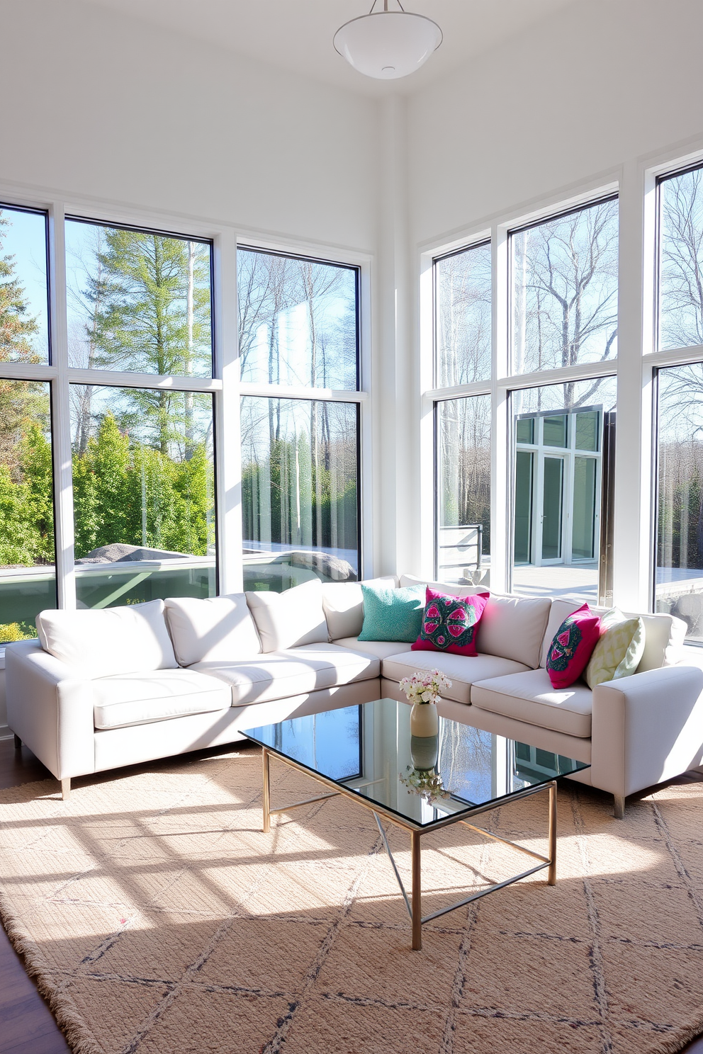 A bright and airy living room with large windows allowing ample natural light to flow in. The space features a stylish sectional sofa in a light fabric, paired with a glass coffee table that reflects the sunlight. Incorporate mirrors on the walls to amplify the brightness and create a sense of openness. Add vibrant throw pillows and a cozy area rug to bring warmth and personality to the space.