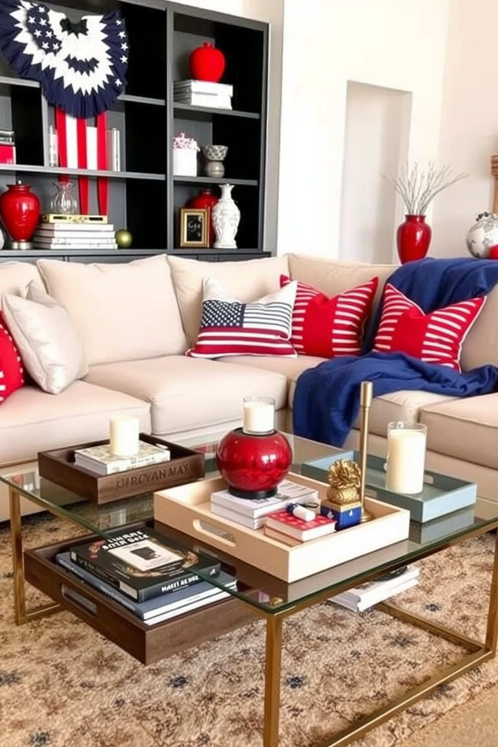 Create a stylish apartment living room that incorporates decorative trays for organized surfaces. The room features a plush sectional sofa in a neutral tone, complemented by a chic coffee table adorned with various decorative trays holding books and candles. Incorporate vibrant Labor Day themed decorations, including red, white, and blue accents throughout the space. A cozy throw blanket and decorative pillows on the sofa add a festive touch while maintaining a sophisticated atmosphere.