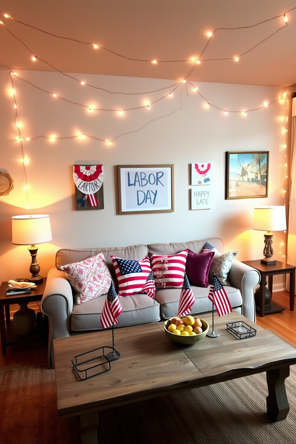 A cozy apartment living space decorated for Labor Day. Soft string lights drape across the ceiling, casting a warm glow over a comfortable seating area with a plush sofa and colorful throw pillows. The walls are adorned with festive artwork celebrating the holiday. A rustic coffee table is set with seasonal decorations, including small American flags and a bowl of fresh fruit.