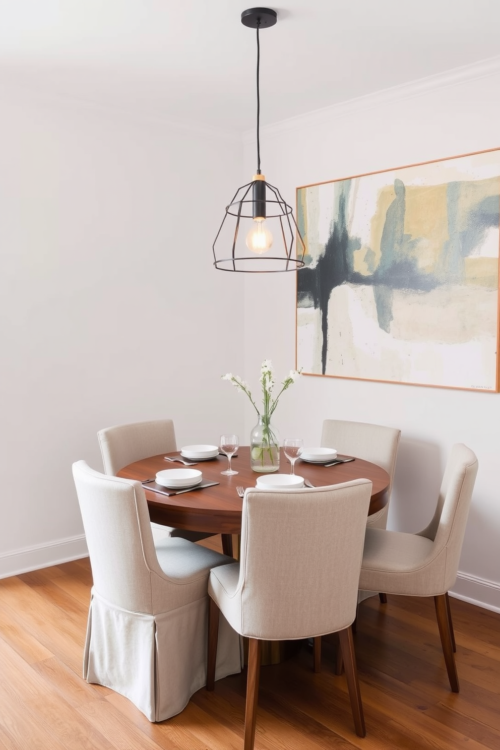 Create a small dining area that exudes style and elegance. The space features a round wooden table surrounded by upholstered chairs in a soft neutral fabric. A stylish pendant light hangs above the table, casting a warm glow over the setting. The walls are painted in a light pastel color, complemented by a large piece of abstract art that adds a pop of color.