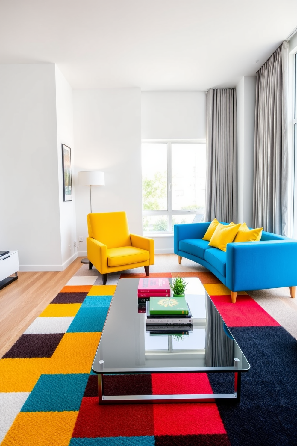 A modern living room featuring bold color-blocking with a vibrant blue sofa and a bright yellow accent chair. The walls are painted a crisp white, and a geometric area rug in contrasting colors adds visual interest to the space. The coffee table is a sleek glass design, topped with a few colorful coffee table books and a small succulent. Floor-to-ceiling curtains in a soft gray frame the large windows, allowing natural light to flood the room while highlighting the bold color choices.