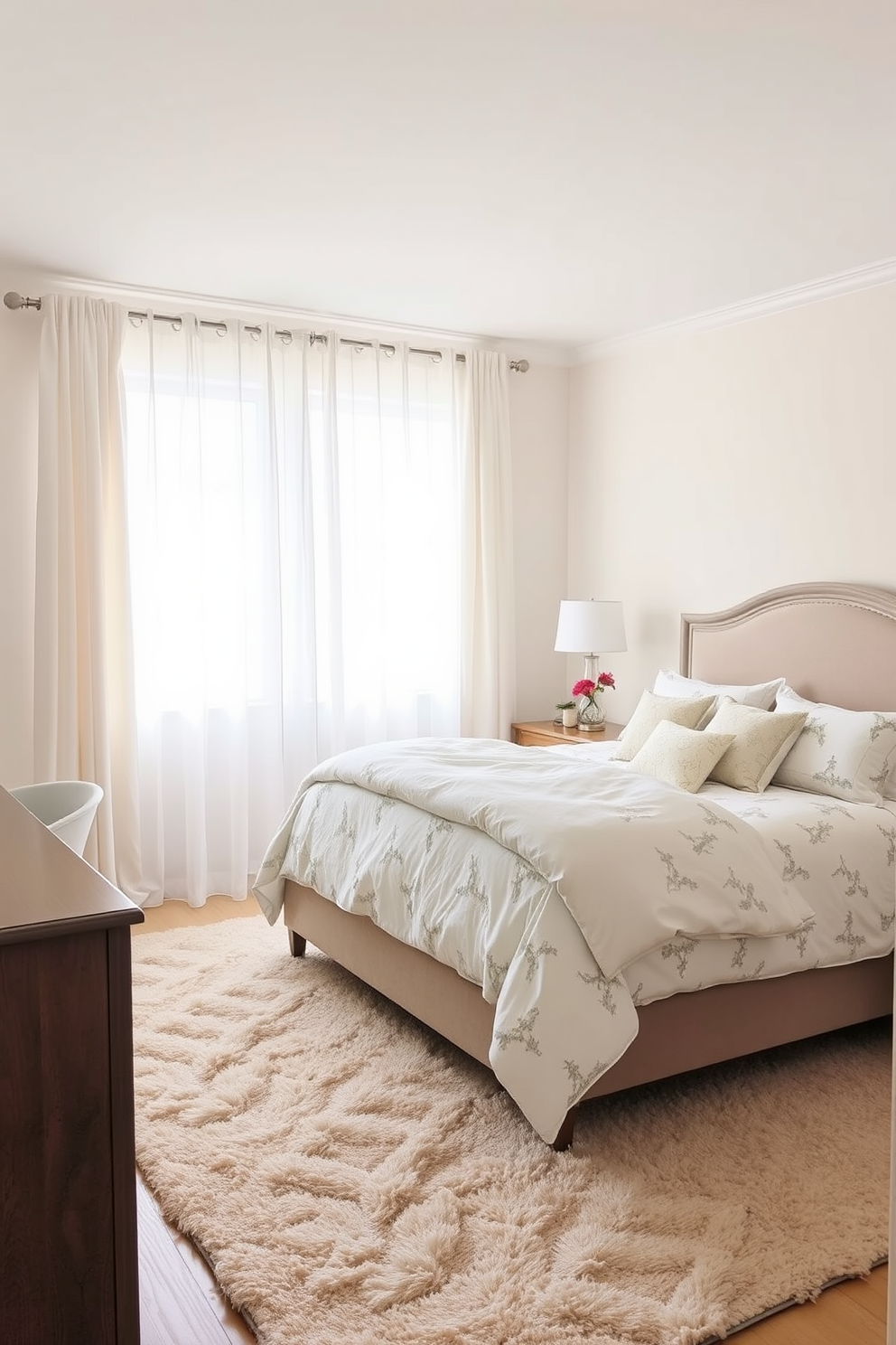 Create a serene bedroom with soft colors. The walls are painted in a light pastel hue, and the bedding features a subtle floral pattern. A plush area rug lies beneath the bed, adding warmth to the space. Natural light filters through sheer curtains, creating a calming atmosphere.