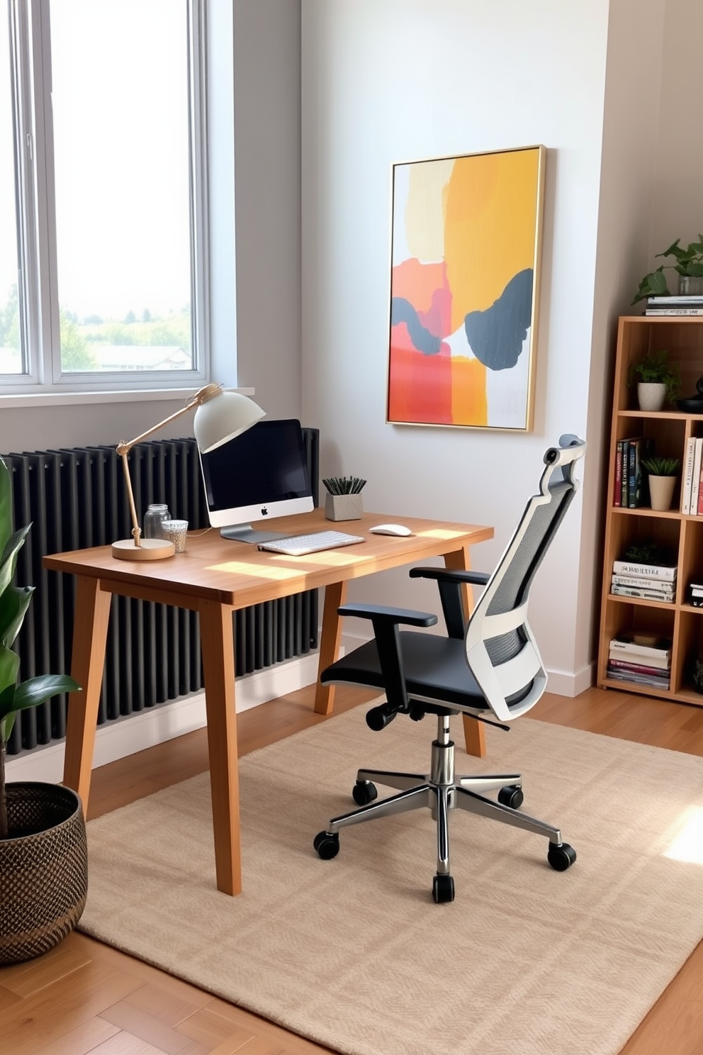 A stylish home office setting featuring a sleek wooden desk with clean lines and a comfortable ergonomic chair. The desk is adorned with a modern lamp and a few decorative items, while a large window allows natural light to fill the space, enhancing productivity. The walls are painted in a soft neutral tone, complemented by a colorful abstract artwork above the desk. A cozy area rug anchors the space, and a small bookshelf filled with books and plants adds a touch of personality to the room.