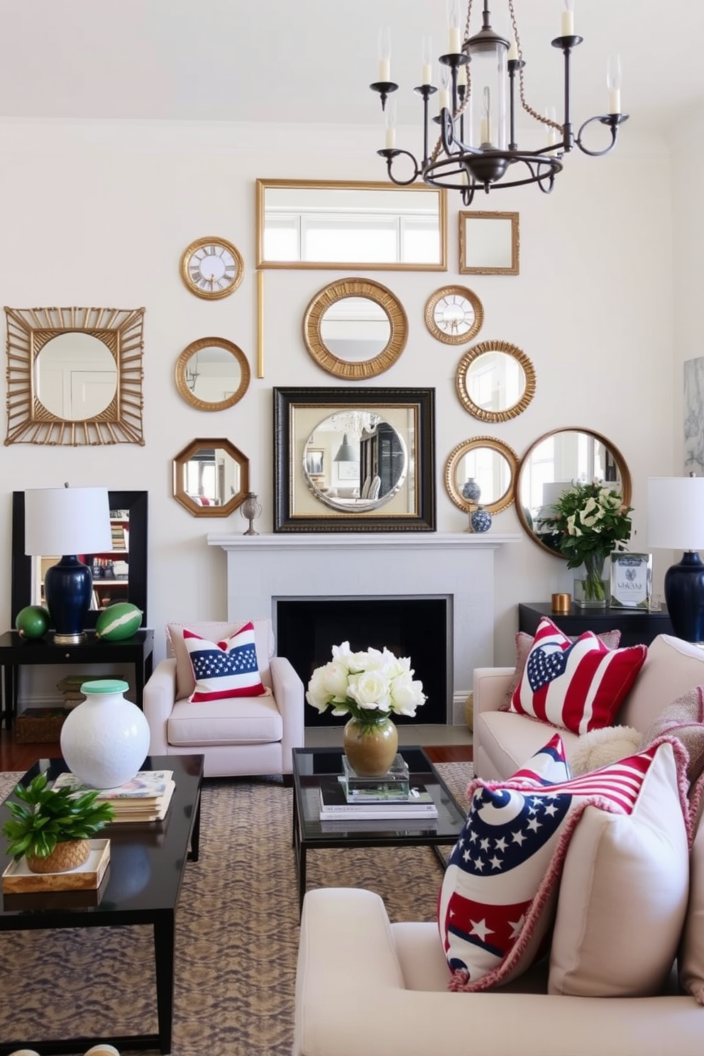 A stylish living room featuring decorative mirrors that enhance the sense of space. The mirrors are arranged in a gallery style on a light-colored wall, reflecting natural light and creating an airy atmosphere. Incorporate Labor Day themes with subtle decor elements. Use red, white, and blue accents in throw pillows and artwork to celebrate the holiday while maintaining an elegant aesthetic.