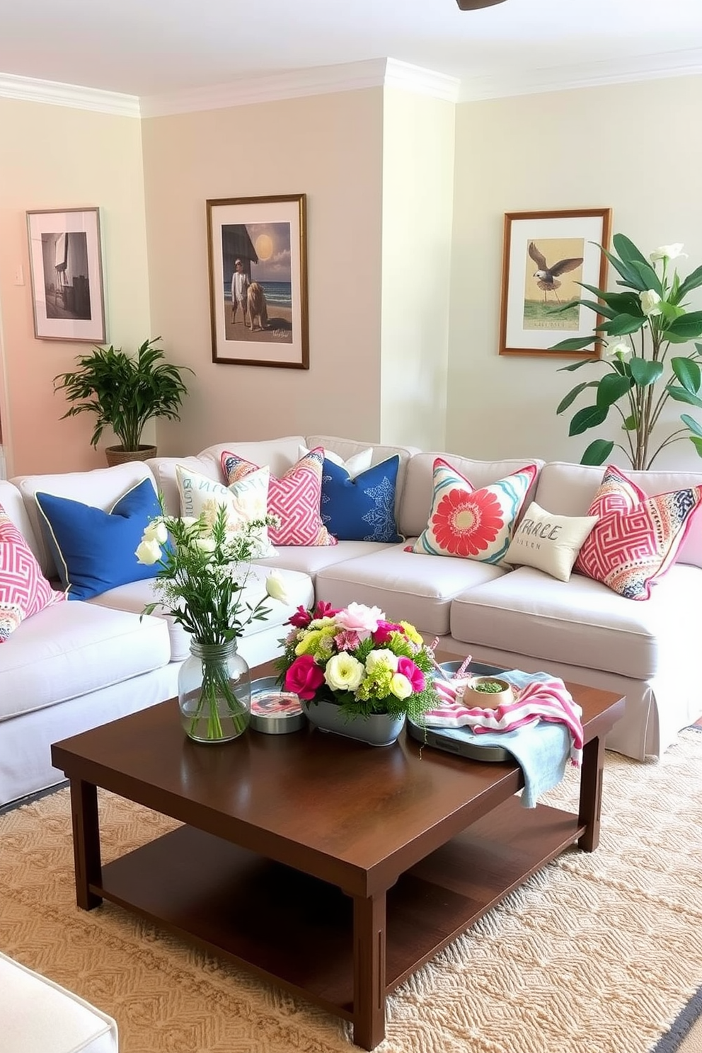 A cozy living room designed for a Labor Day celebration. There are vibrant throw pillows on a plush sectional sofa, and a coffee table adorned with seasonal decorations and fresh flowers. In one corner, a tall potted plant adds a touch of greenery, complementing the warm color palette of the room. The walls are decorated with framed art that reflects a relaxed summer vibe, while a soft area rug anchors the space.