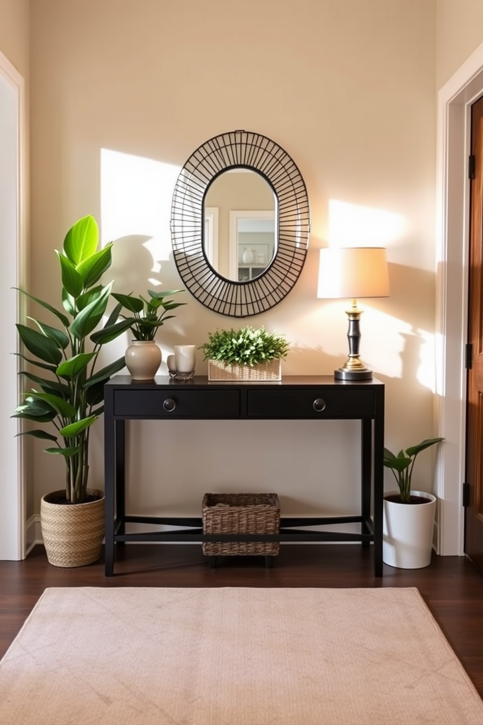 Create a welcoming entryway that features a stylish console table with a decorative mirror above it. Flanking the table are potted plants that add a touch of greenery and warmth to the space. The walls are painted in a soft beige color, enhancing the natural light that flows in. A cozy area rug in neutral tones lies beneath the table, inviting guests to step inside and feel at home.