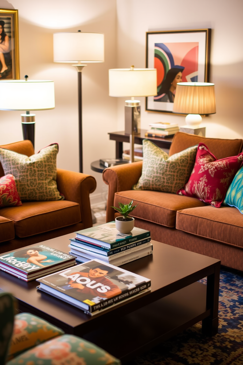 A vibrant living room setting. The sofas are adorned with colorful throw pillows in various patterns and textures, creating a lively and inviting atmosphere. The coffee table is topped with a stack of art books and a small potted plant. Soft ambient lighting from stylish floor lamps enhances the cozy feel of the space, perfect for celebrating Labor Day.