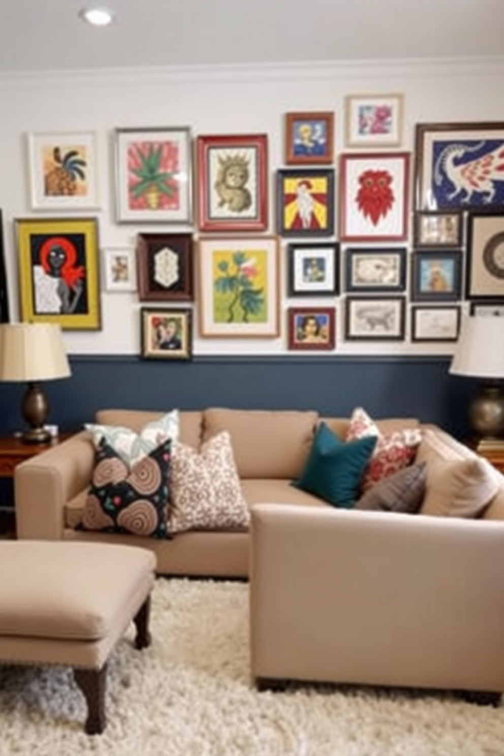 Create a cozy living room that reflects personal style. The walls are adorned with a mix of framed artwork, showcasing vibrant colors and unique designs. Incorporate comfortable furniture pieces that invite relaxation. Use a combination of throw pillows and a soft area rug to enhance the warmth of the space.