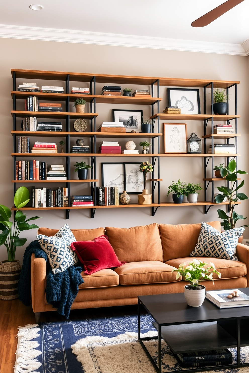 A stylish living room featuring wall shelves that provide extra storage and display space. The shelves are filled with an assortment of books, decorative boxes, and potted plants, creating a cozy yet organized atmosphere. The color scheme includes warm earth tones with accents of navy blue. A comfortable sofa sits below the shelves, complemented by a chic coffee table and a soft area rug.