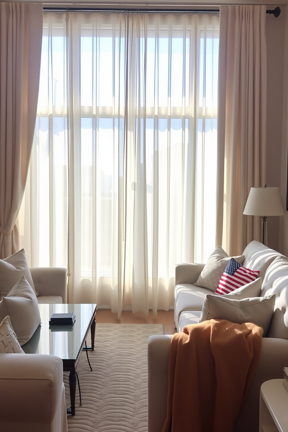 A cozy living room setting featuring light curtains that allow natural sunlight to filter in, creating an airy and inviting atmosphere. The space is adorned with comfortable furniture in soft pastel hues, complemented by a stylish coffee table at the center. Incorporate seasonal decor elements that reflect the spirit of Labor Day, such as decorative pillows with subtle patriotic patterns. A warm throw blanket is draped over the arm of a chair, enhancing the relaxed and welcoming vibe of the apartment.