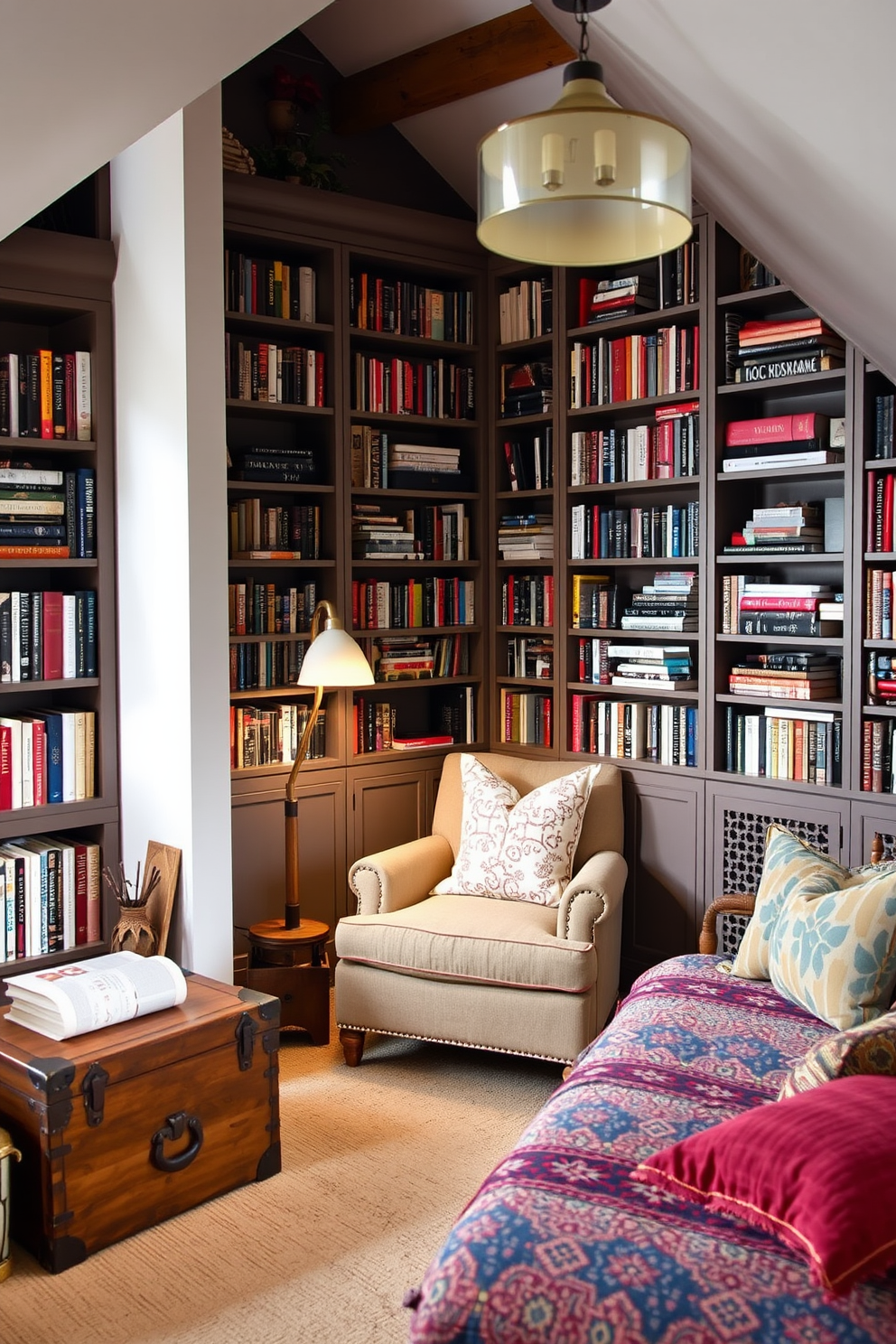 Cozy reading nook with built-in shelves. A comfortable armchair is nestled in the corner, surrounded by floor-to-ceiling bookshelves filled with an array of books and decorative items. Labor Day attic decorating ideas. The attic features soft lighting, a vintage trunk for storage, and a mix of colorful cushions on a daybed, creating an inviting space for relaxation and creativity.