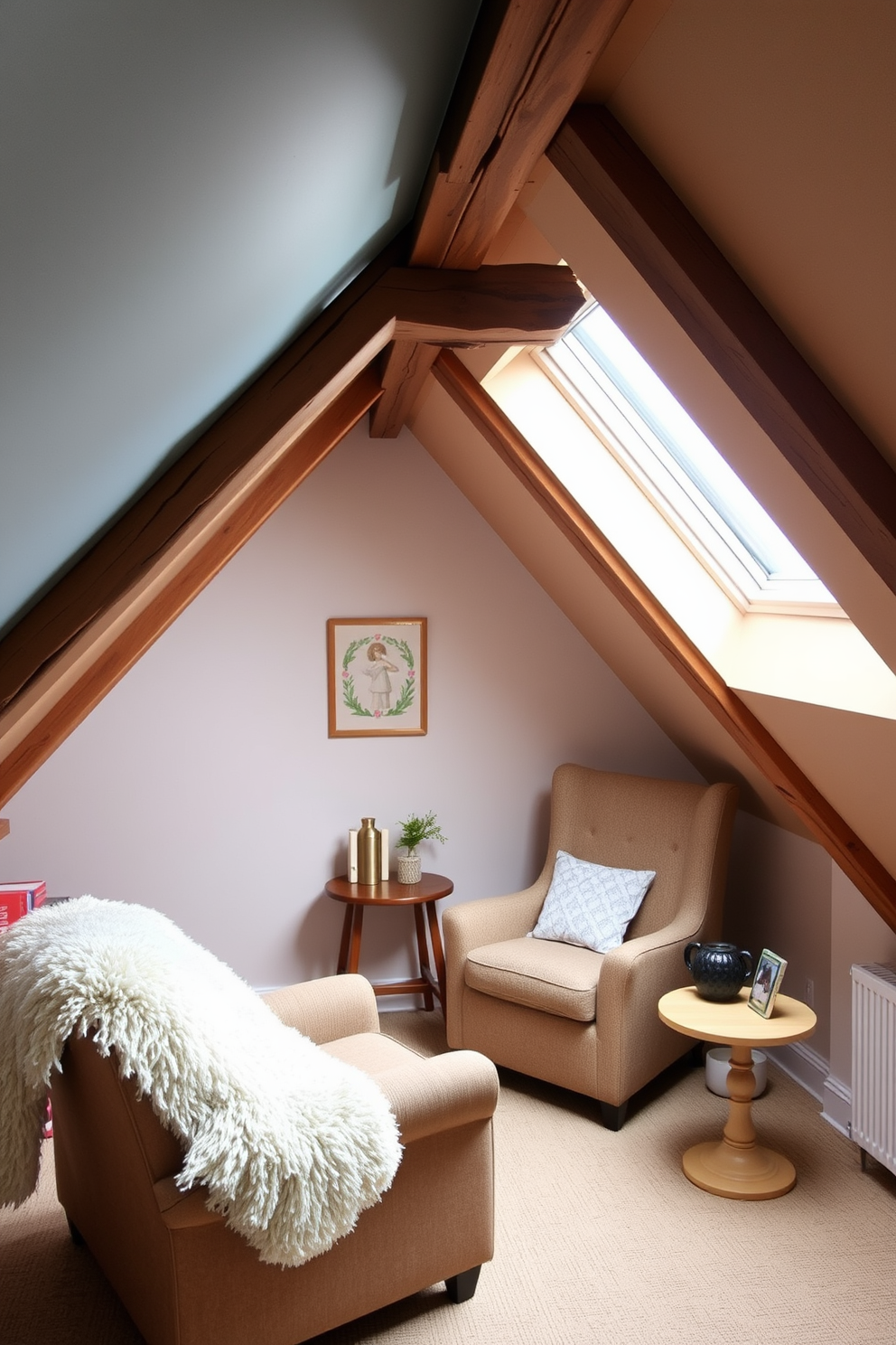 A cozy attic space designed for relaxation and creativity. The eaves are painted in contrasting soft blue and warm beige to add visual interest and warmth. A comfortable reading nook is created with a plush armchair and a small side table. Natural light floods in through a skylight, illuminating the space and highlighting the rustic wooden beams.