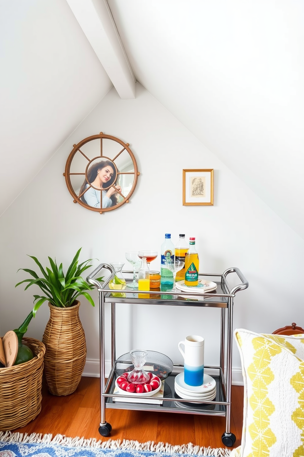 A charming attic space designed for Labor Day entertaining. A small bar cart is positioned in the corner, adorned with colorful glassware and a selection of refreshing beverages.