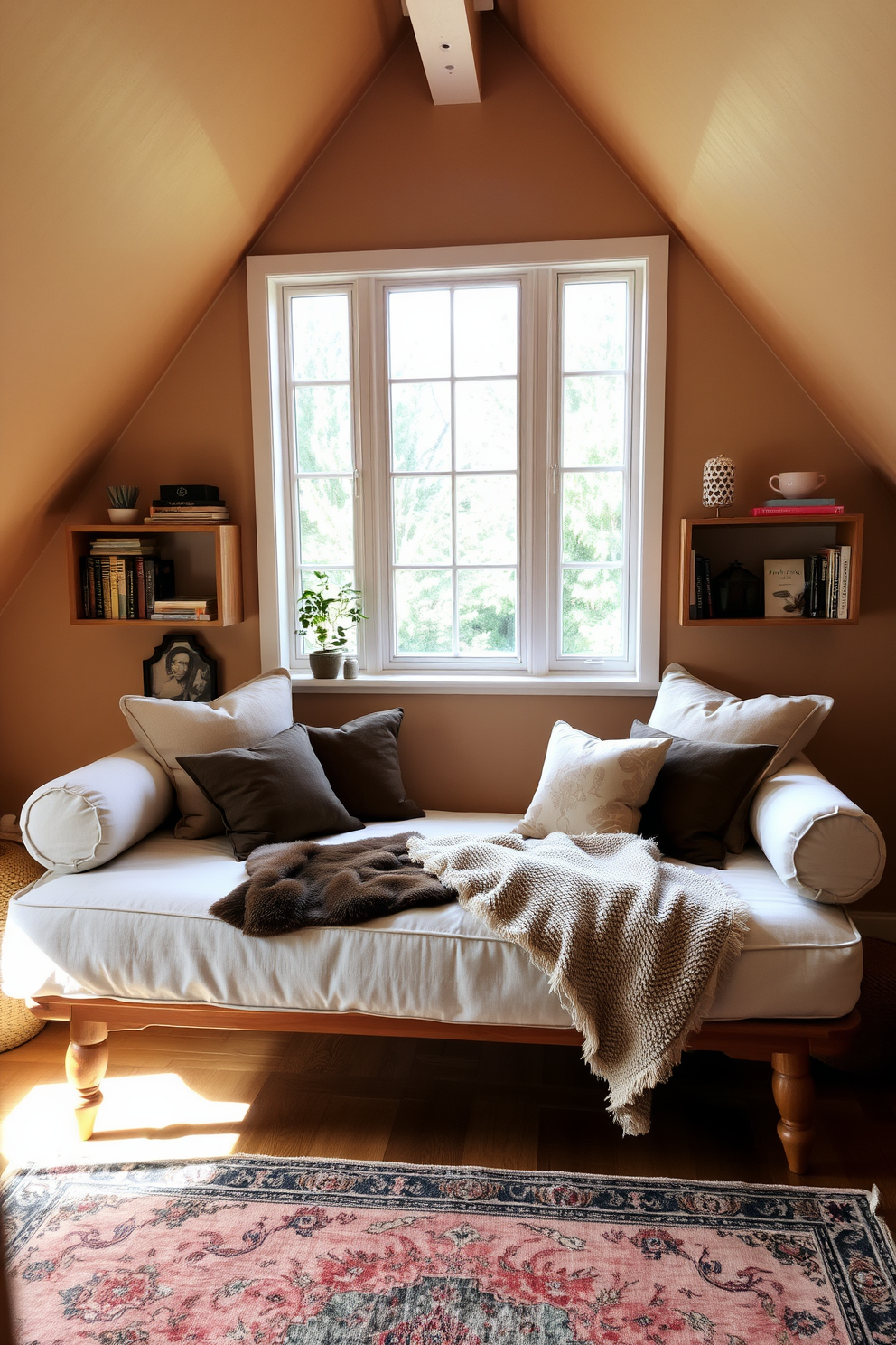 A cozy attic space featuring a stylish daybed adorned with plush cushions and a soft throw blanket. The walls are painted in a warm beige tone, and natural light floods in through a large window, enhancing the inviting atmosphere. Surrounding the daybed, there are wooden shelves filled with books and decorative items, adding a personal touch. A vintage rug lies underneath, grounding the space and providing comfort for lounging or reading.