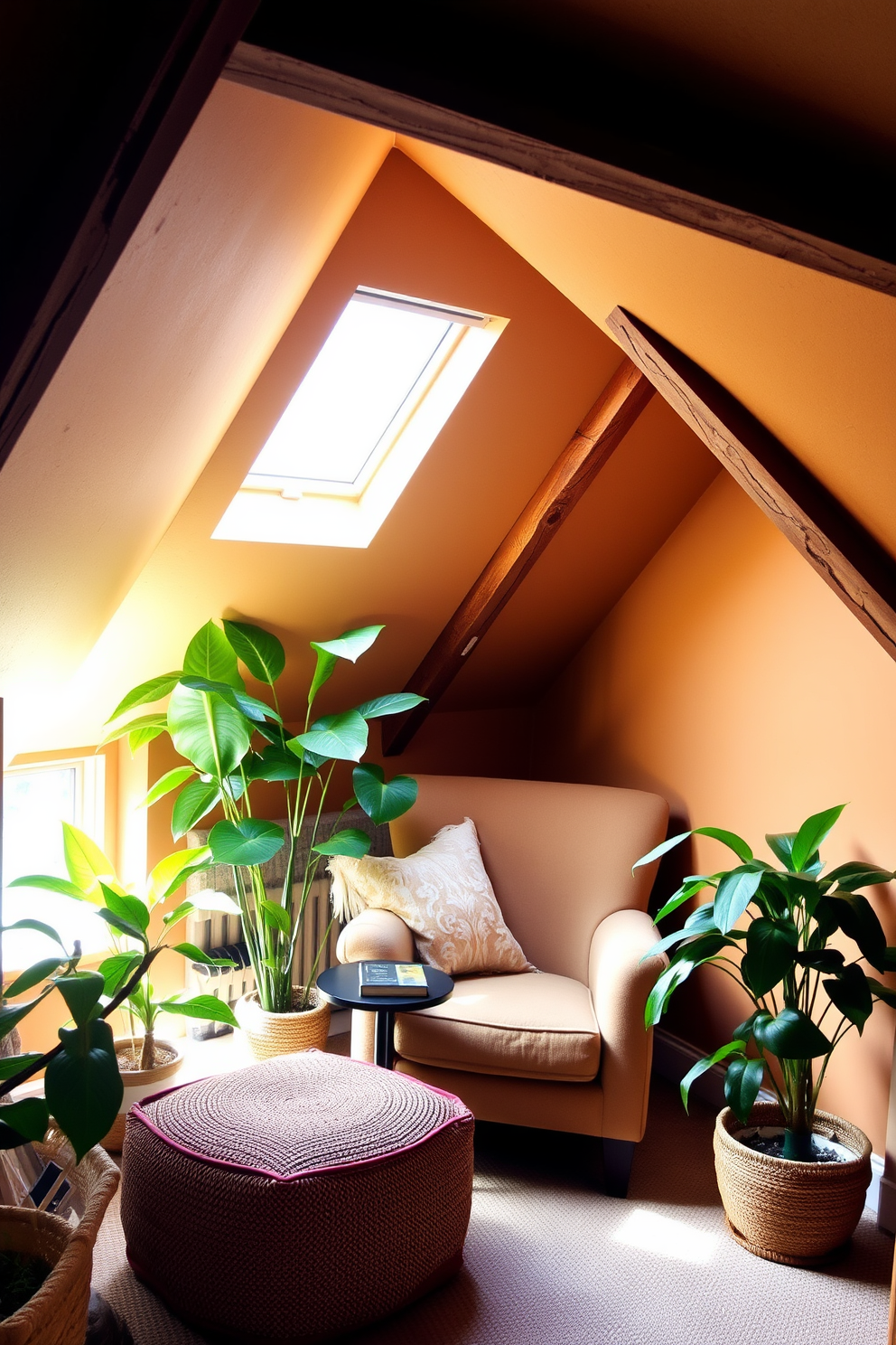 A cozy attic space transformed into a relaxing retreat. Soft light filters through a skylight, illuminating a comfortable reading nook with a plush armchair and a small side table. Lush green plants are strategically placed around the room, adding a touch of nature and freshness. The walls are adorned with warm, earthy tones, and rustic wooden beams enhance the charm of the space.