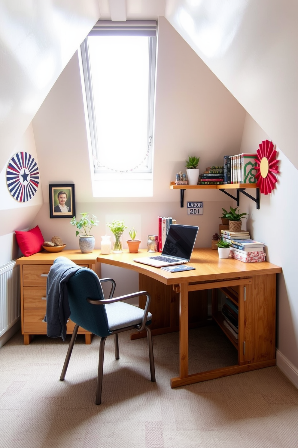 A cozy attic workspace features a fold-out desk that maximizes efficiency while maintaining a stylish aesthetic. Soft natural light pours in through a skylight, illuminating the warm wood tones of the desk and the surrounding decor. The walls are adorned with cheerful Labor Day decorations, including red, white, and blue accents that bring a festive spirit to the space. A comfortable chair complements the desk, while shelves filled with books and plants add a touch of personality and inspiration.