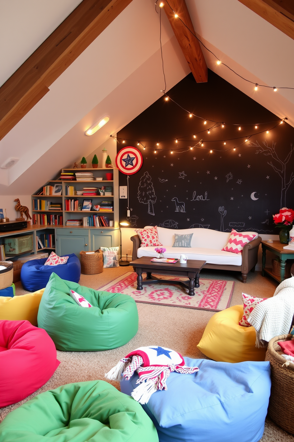 Create a whimsical play area for children with colorful bean bags and a large chalkboard wall for artistic expression. The space features a cozy reading nook with shelves filled with books and playful wall decals of animals and trees. Labor Day attic decorating ideas include a rustic seating area with vintage furniture and soft lighting from string lights. Incorporate seasonal decor like red, white, and blue accents along with cozy blankets for a festive yet comfortable atmosphere.