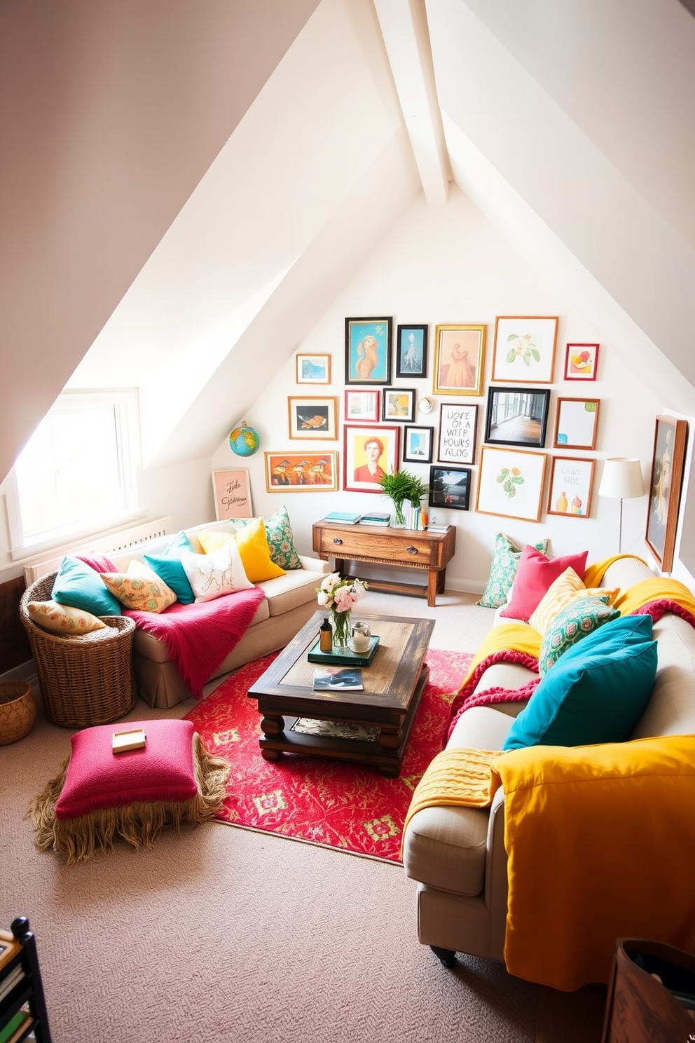 A cozy attic space filled with bright accent colors that create a vibrant atmosphere. The walls are painted in a soft white, while colorful throw pillows and blankets in shades of yellow, teal, and coral adorn a comfortable seating area. A rustic wooden coffee table sits in the center, surrounded by a mix of modern and vintage decor. Large windows allow natural light to flood in, showcasing a gallery wall of framed art pieces that add personality to the space.