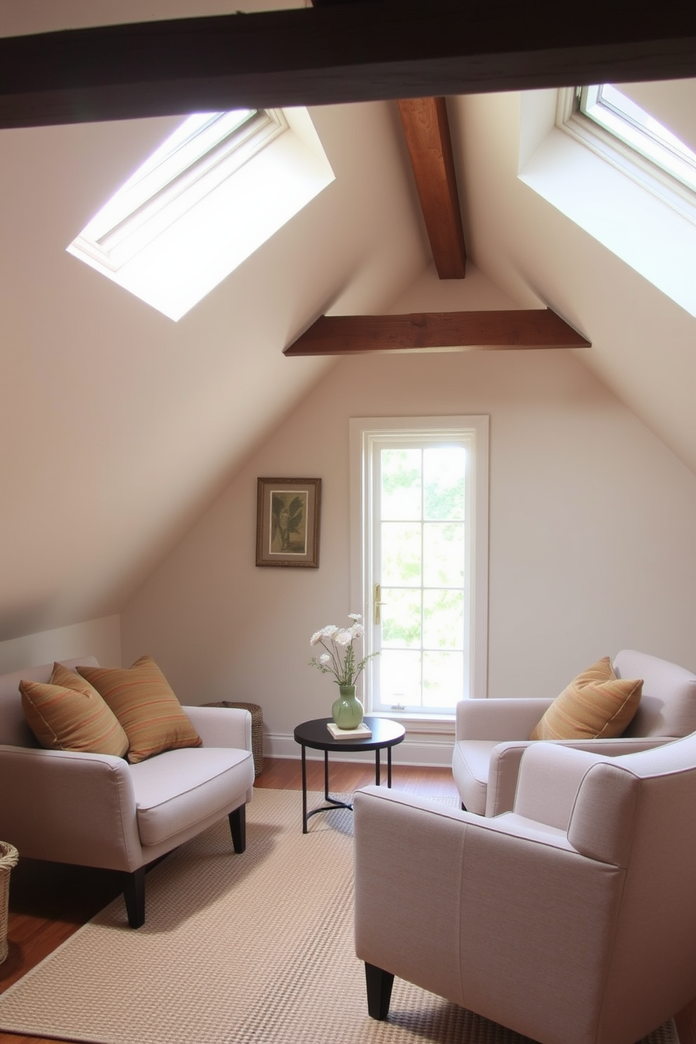 A cozy attic space transformed into a relaxing retreat. The room features a sloped ceiling with skylights that flood the area with natural light, illuminating the soft beige walls. A comfortable seating area is arranged with plush armchairs and a small coffee table. Decorative pillows in warm tones add a touch of color, while a woven rug anchors the space.