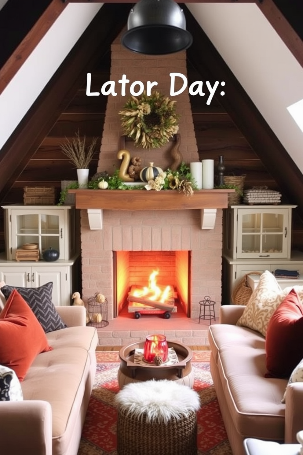 A cozy attic space designed for Labor Day celebrations features a charming fireplace with a rustic mantel adorned with seasonal decorations. Plush seating arrangements in warm tones surround the fireplace, creating an inviting atmosphere for relaxation and gatherings.