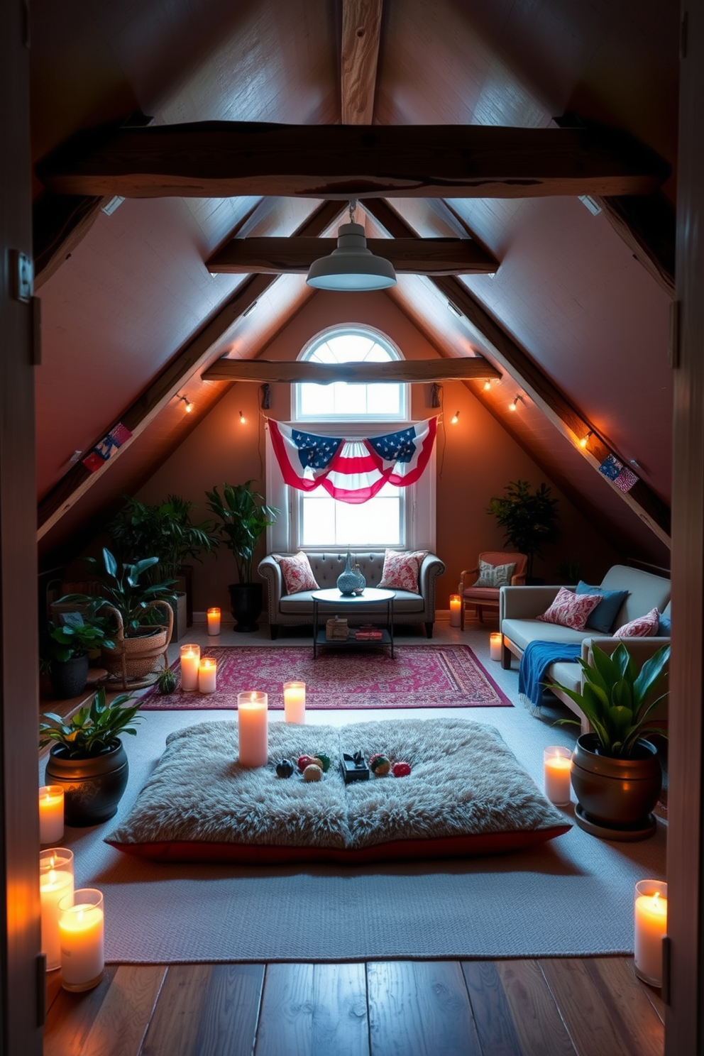 A serene meditation space featuring soft ambient lighting that creates a calming atmosphere. The room includes a plush floor cushion surrounded by candles and potted plants for a touch of nature. An inviting attic decorated for Labor Day with cozy seating areas and festive decor. The space showcases rustic wooden beams and is adorned with red, white, and blue accents to celebrate the holiday.