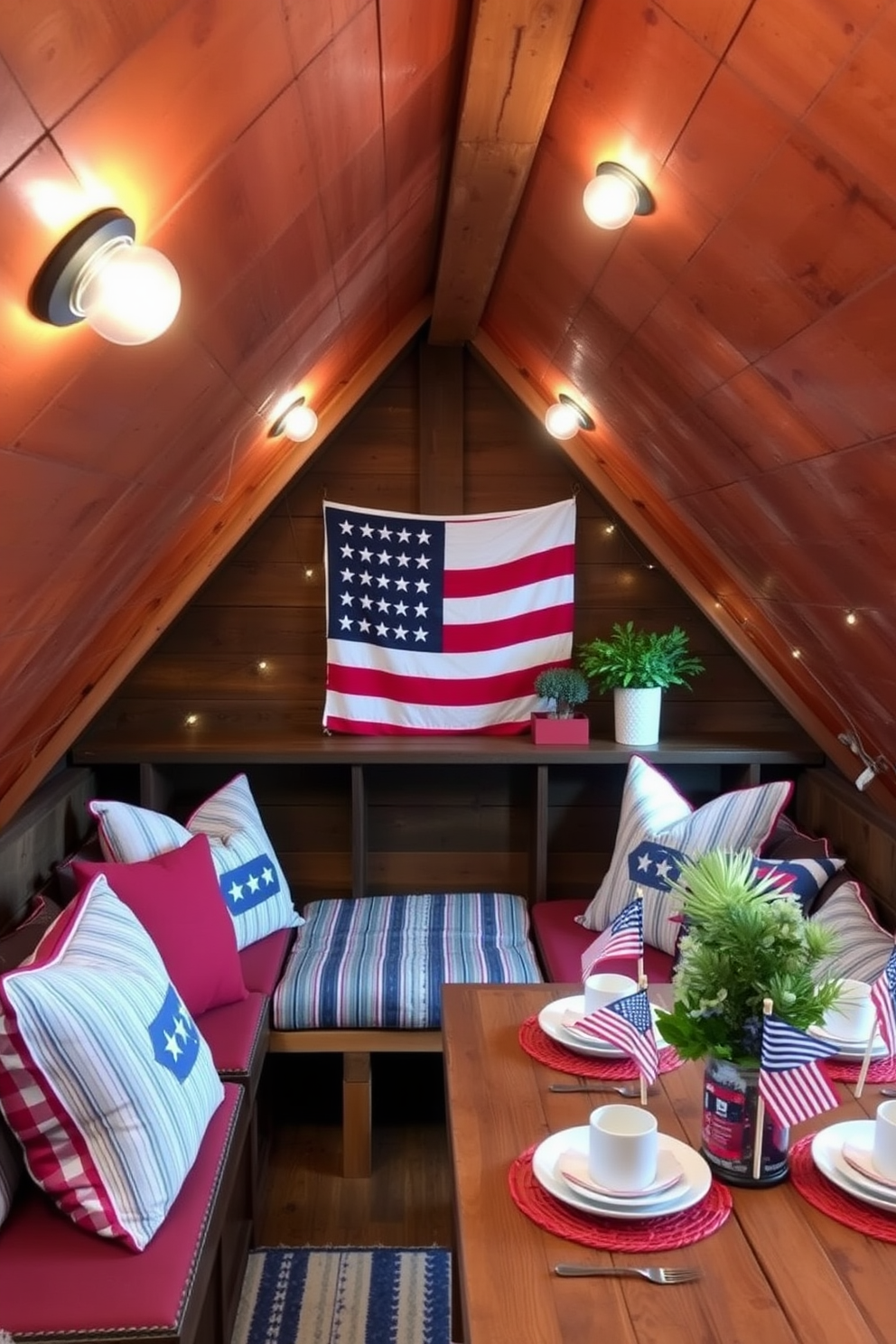 Create a cozy attic space that celebrates Labor Day. Incorporate wall-mounted lights to save space while illuminating the area with a warm glow. Design a functional seating area with comfortable cushions and a rustic wooden table. Add festive Labor Day decorations, such as small flags and themed table settings, to enhance the holiday spirit.