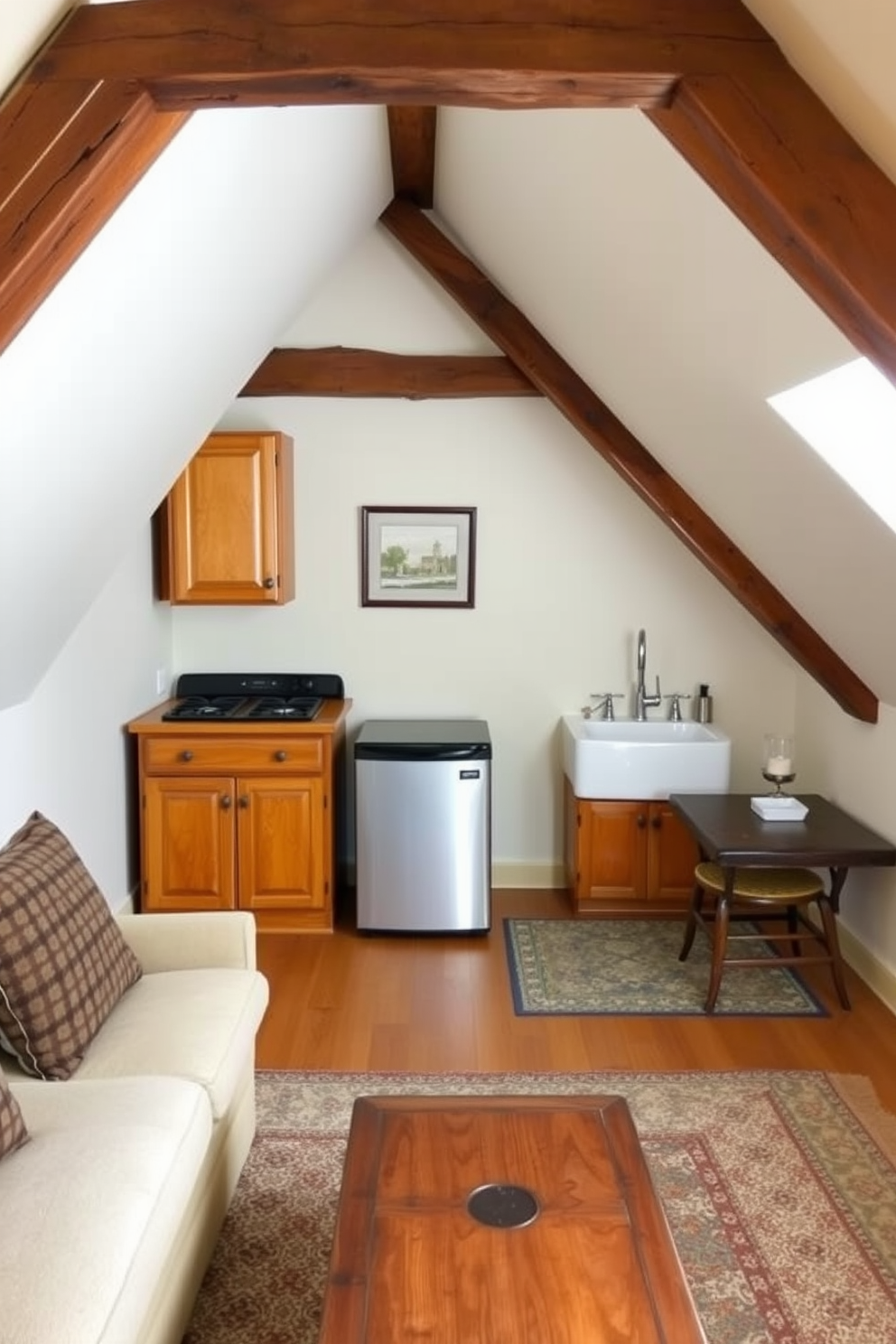 A cozy attic space designed for relaxation and entertainment. The area features a small kitchenette with a compact refrigerator, a two-burner stove, and a stylish farmhouse sink, all set against warm wooden cabinetry. The walls are adorned with soft, neutral tones, complemented by exposed wooden beams that add character. A comfortable seating area with plush cushions and a vintage coffee table invites guests to unwind and enjoy the space.