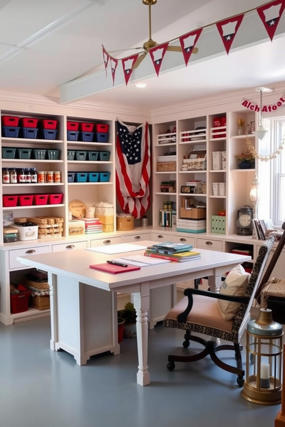 Create a craft room with organized storage featuring a large work table in the center surrounded by shelves filled with colorful bins and jars. The walls are painted in a soft pastel color and a cozy reading nook with a comfortable chair is placed by a window for inspiration. For Labor Day attic decorating ideas, envision a festive space adorned with red white and blue accents. Incorporate vintage decorations such as bunting and lanterns to create a warm and inviting atmosphere perfect for celebrating the holiday.