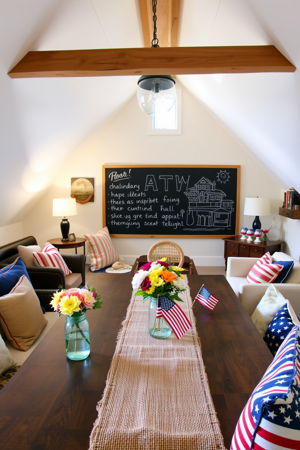 A cozy attic space designed for creativity features a large chalkboard wall where ideas can be freely expressed. The room is filled with comfortable seating and soft lighting, inviting relaxation and inspiration. Labor Day decorations include rustic elements such as burlap table runners and mason jar centerpieces filled with seasonal flowers. The space is adorned with patriotic accents like small American flags and red, white, and blue throw pillows to celebrate the holiday.