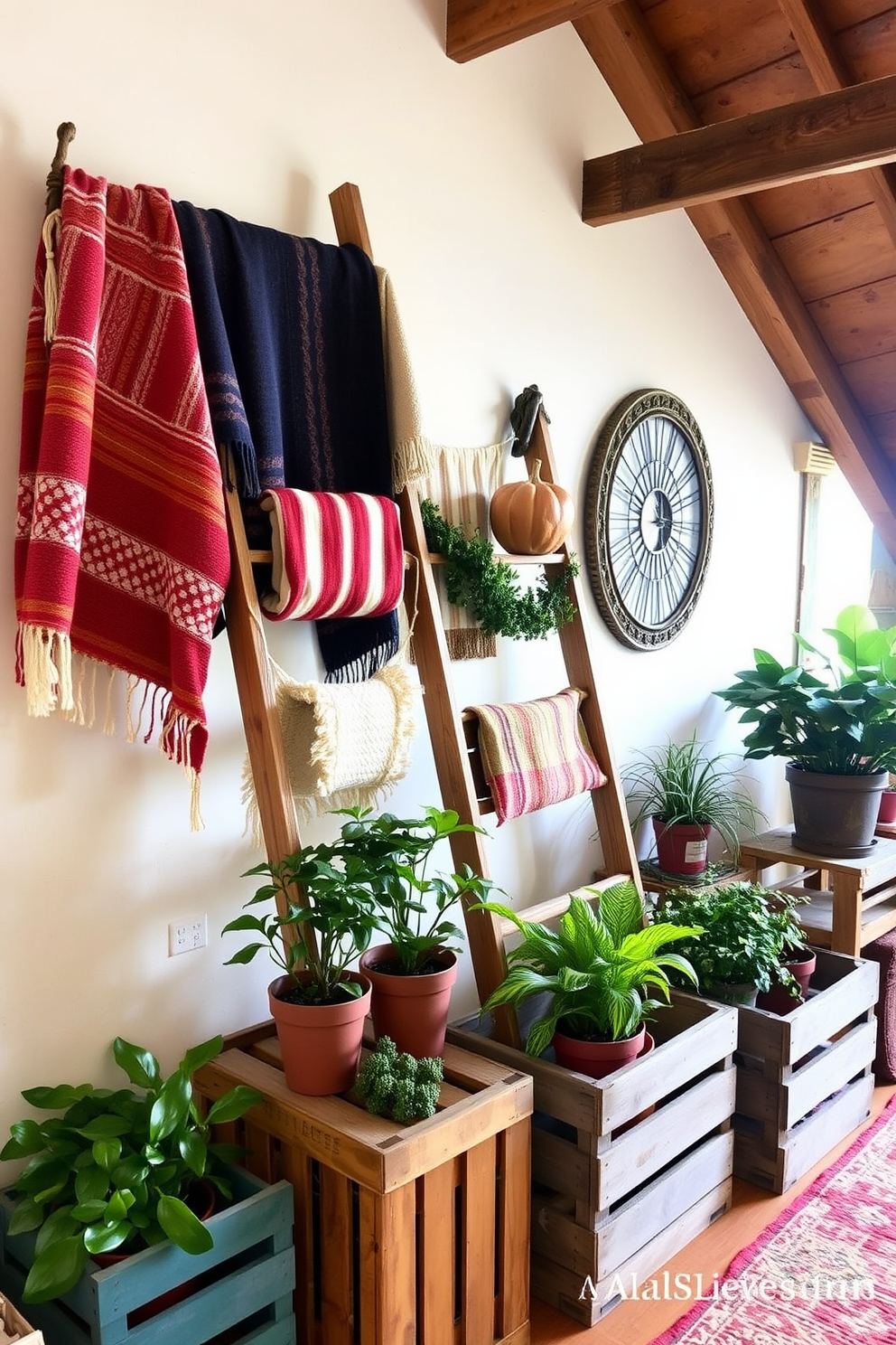 A vintage wooden ladder is leaned against a wall in the attic, adorned with an array of colorful blankets and seasonal decor. Surrounding the ladder are rustic wooden crates filled with potted plants, creating a cozy and inviting atmosphere for Labor Day celebrations.