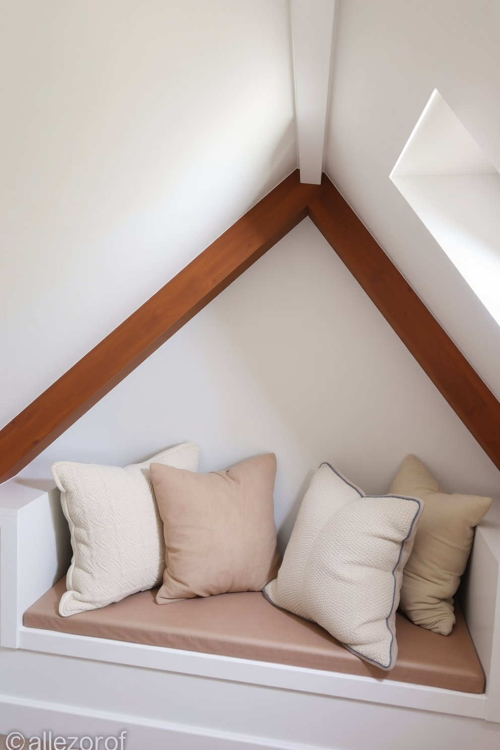 A cozy attic space featuring built-in seating nestled under the eaves. The seating area is adorned with plush cushions in soft, neutral tones, creating an inviting nook for relaxation.