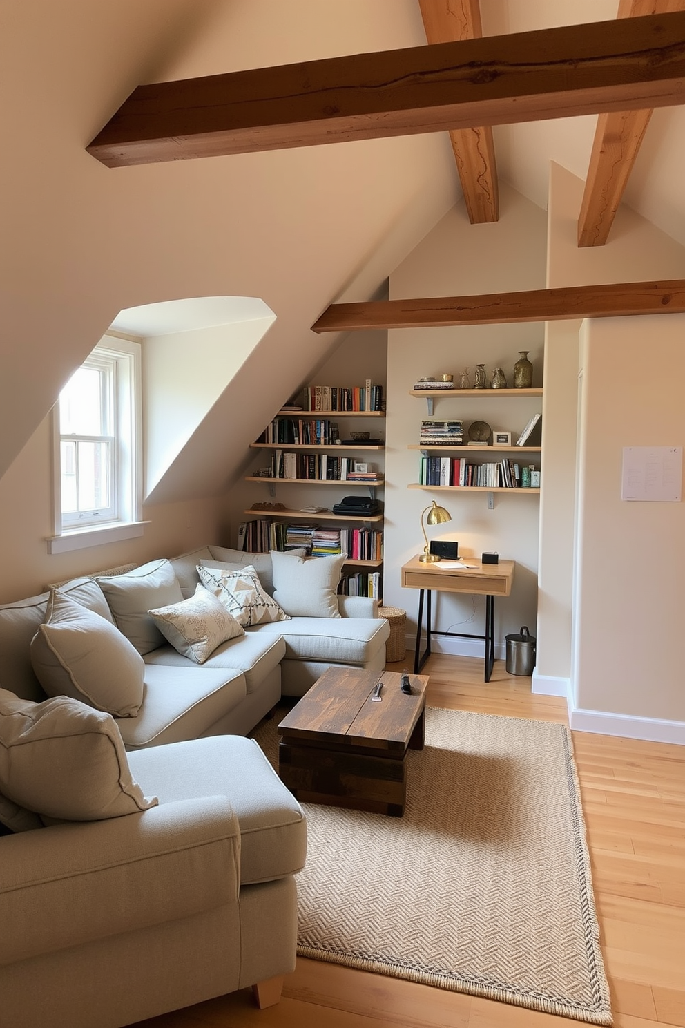 A cozy attic space designed for relaxation and creativity. The walls are painted in soft beige, complemented by exposed wooden beams that add warmth to the room. A plush sofa in a light gray fabric is positioned near a window, with a small coffee table made of reclaimed wood in front. A collection of decorative pillows in muted tones enhances the comfort of the seating area. In one corner, a small writing desk with a vintage lamp invites productivity, while a woven rug in neutral shades anchors the space. Shelves filled with books and personal mementos line the walls, creating a personalized touch.