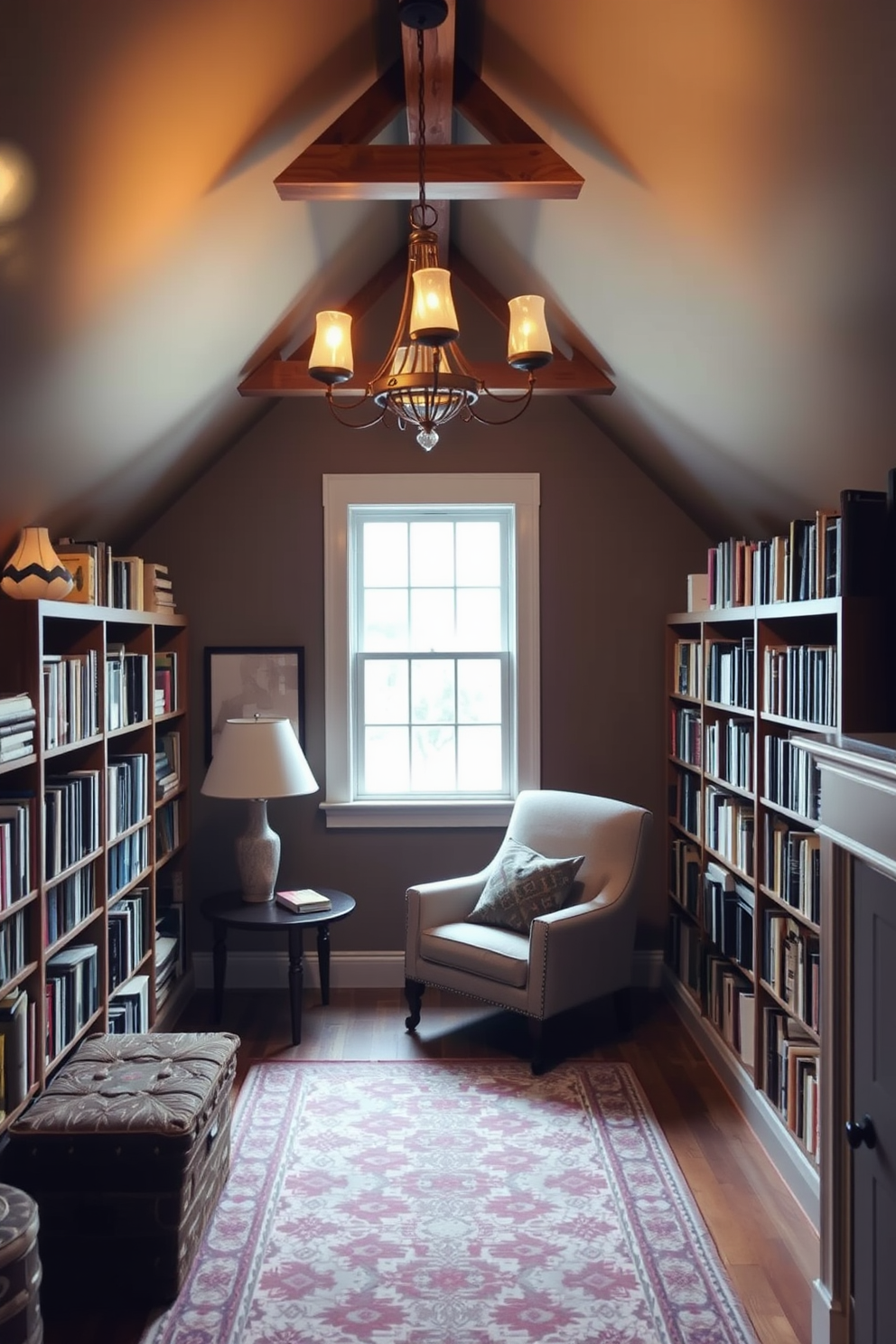 A cozy attic space transformed into a serene retreat. The focal point is a charming window seat adorned with plush cushions, offering stunning views of the surrounding landscape. Natural light floods the room through the large window, highlighting the warm wooden beams and soft, neutral color palette. Decorative accents such as potted plants and a woven rug add texture and warmth to the inviting atmosphere.