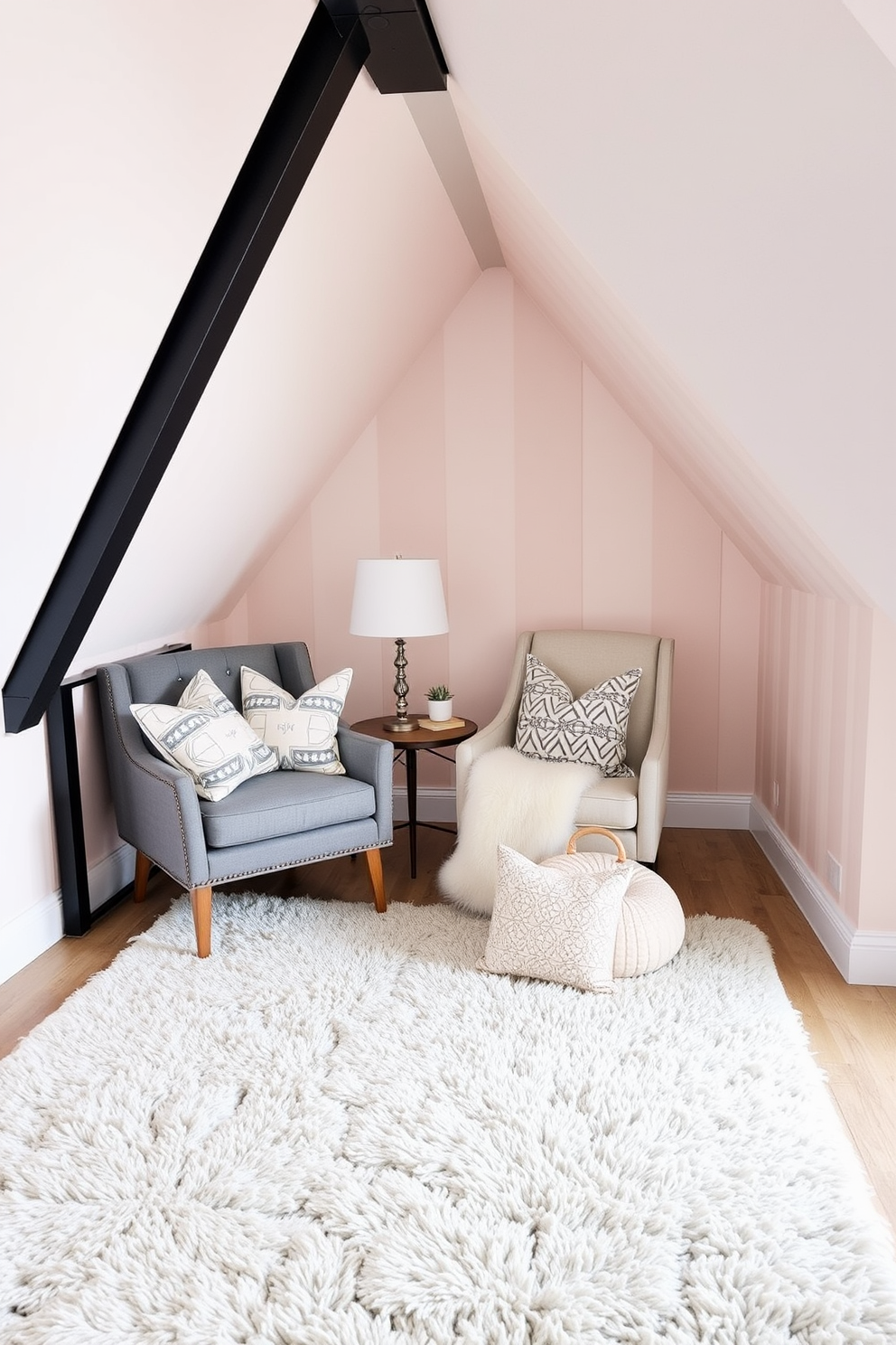 A cozy attic space with sloped ceilings featuring geometric patterns on the walls in soft pastel colors. The floor is adorned with a plush rug that complements the wall designs, creating a harmonious and inviting atmosphere. In one corner, a comfortable reading nook is set up with a stylish armchair and a small side table. Decorative pillows with geometric prints are scattered on the chair, enhancing the overall aesthetic of the room.