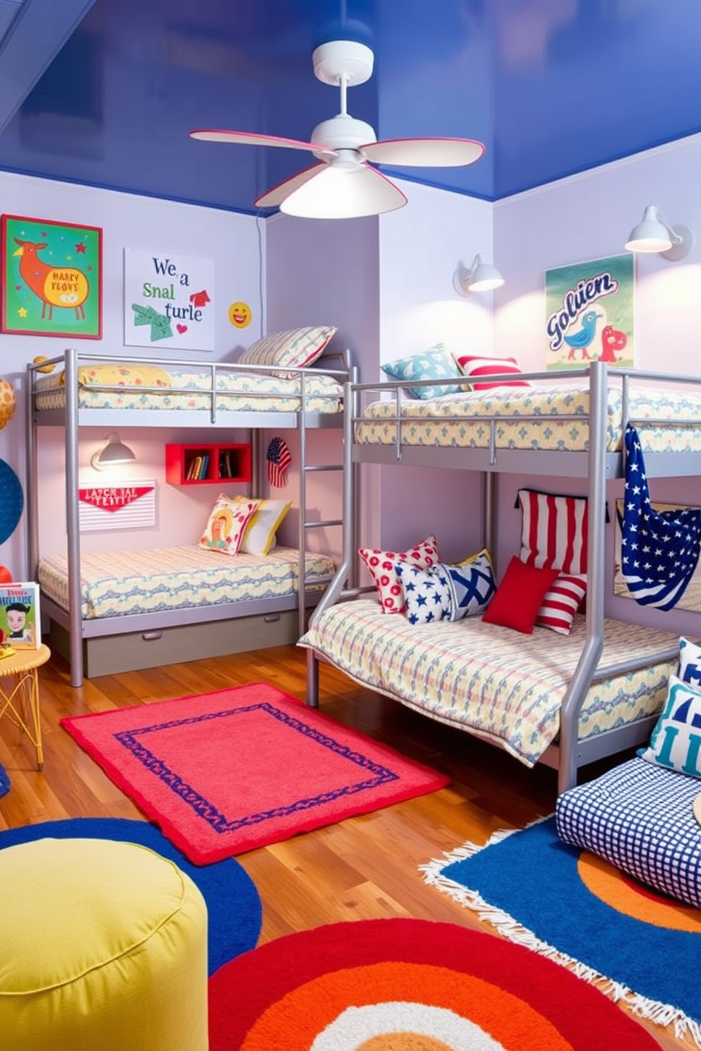 Create a vibrant kids bunk room filled with playful decor. The room features a double bunk bed with colorful bedding and whimsical wall art that sparks imagination. In the corner, a cozy reading nook is adorned with plush cushions and a small bookshelf. Brightly colored rugs and playful lighting fixtures add to the cheerful atmosphere. For Labor Day attic decorating ideas, transform the attic into a festive retreat. Use red, white, and blue accents with comfortable seating and patriotic decor to celebrate the holiday.