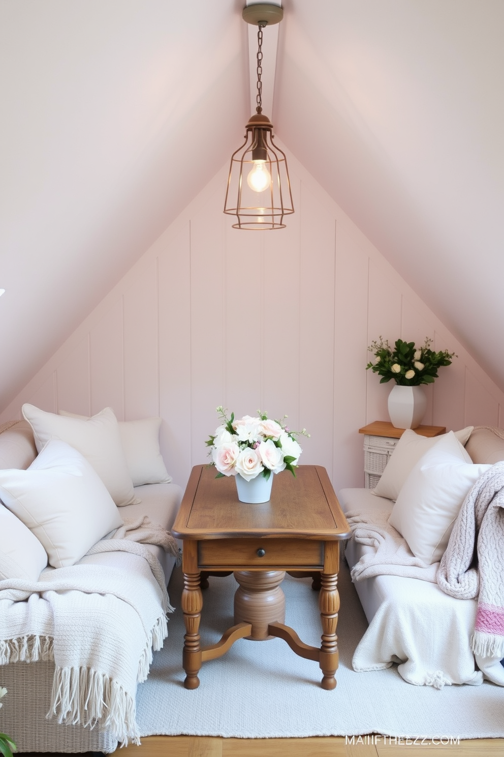 A serene attic space decorated for Labor Day. The walls are painted in soft pastel hues, creating a calming atmosphere, while cozy seating is arranged with light-colored cushions and throws. A vintage wooden table is adorned with a simple floral arrangement in pastel shades. Soft lighting from hanging fixtures adds warmth and invites relaxation in this charming setting.