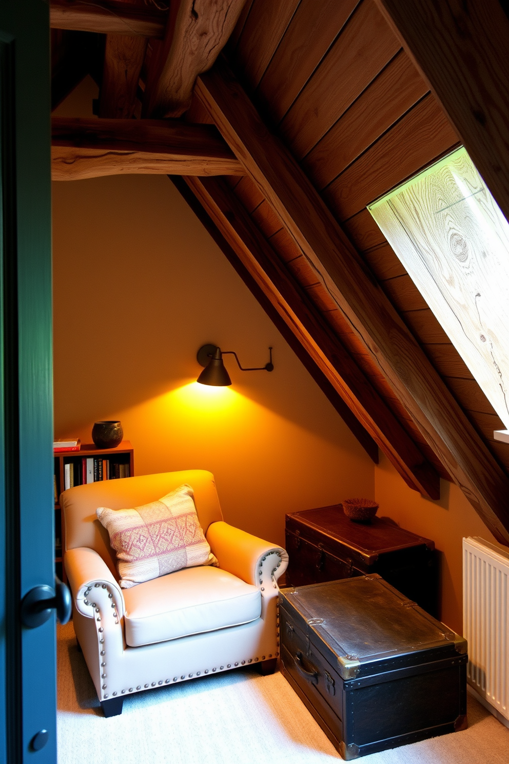 A cozy attic space transformed into a stylish retreat. The walls are adorned with bold wallpaper featuring an intricate geometric pattern, creating a dramatic focal point. A plush seating area is arranged with a vintage armchair and a small side table. Soft lighting from a chic pendant lamp enhances the inviting atmosphere, perfect for relaxation or reading.