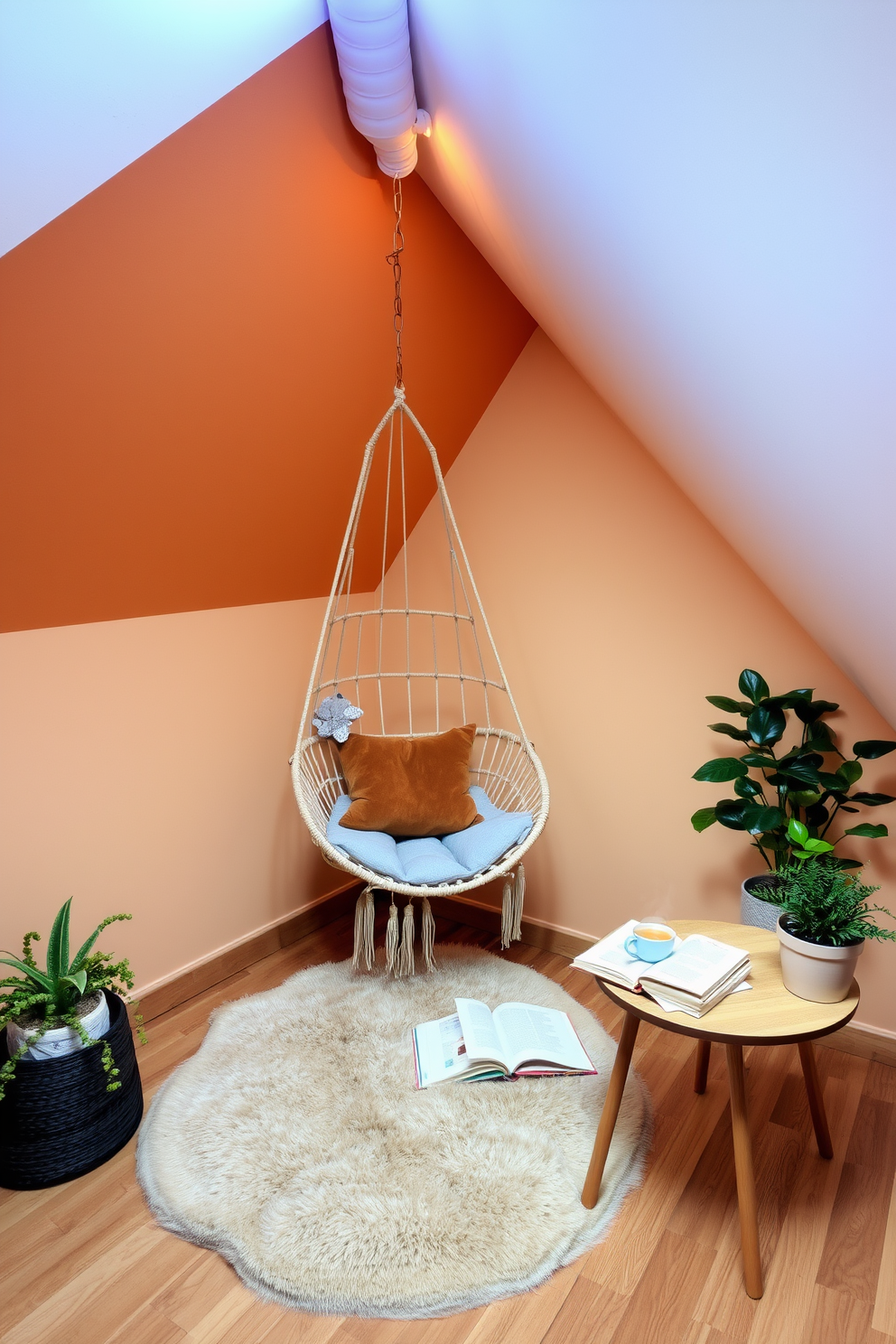 A cozy attic space designed for relaxation features a hanging chair suspended from the ceiling, surrounded by soft, ambient lighting. The walls are adorned with warm, earthy tones, and a plush area rug lies beneath the chair, inviting you to unwind. In one corner, a small side table holds a stack of books and a steaming cup of tea, creating the perfect reading nook. Decorative plants are placed strategically around the space, adding a touch of nature to the serene atmosphere.