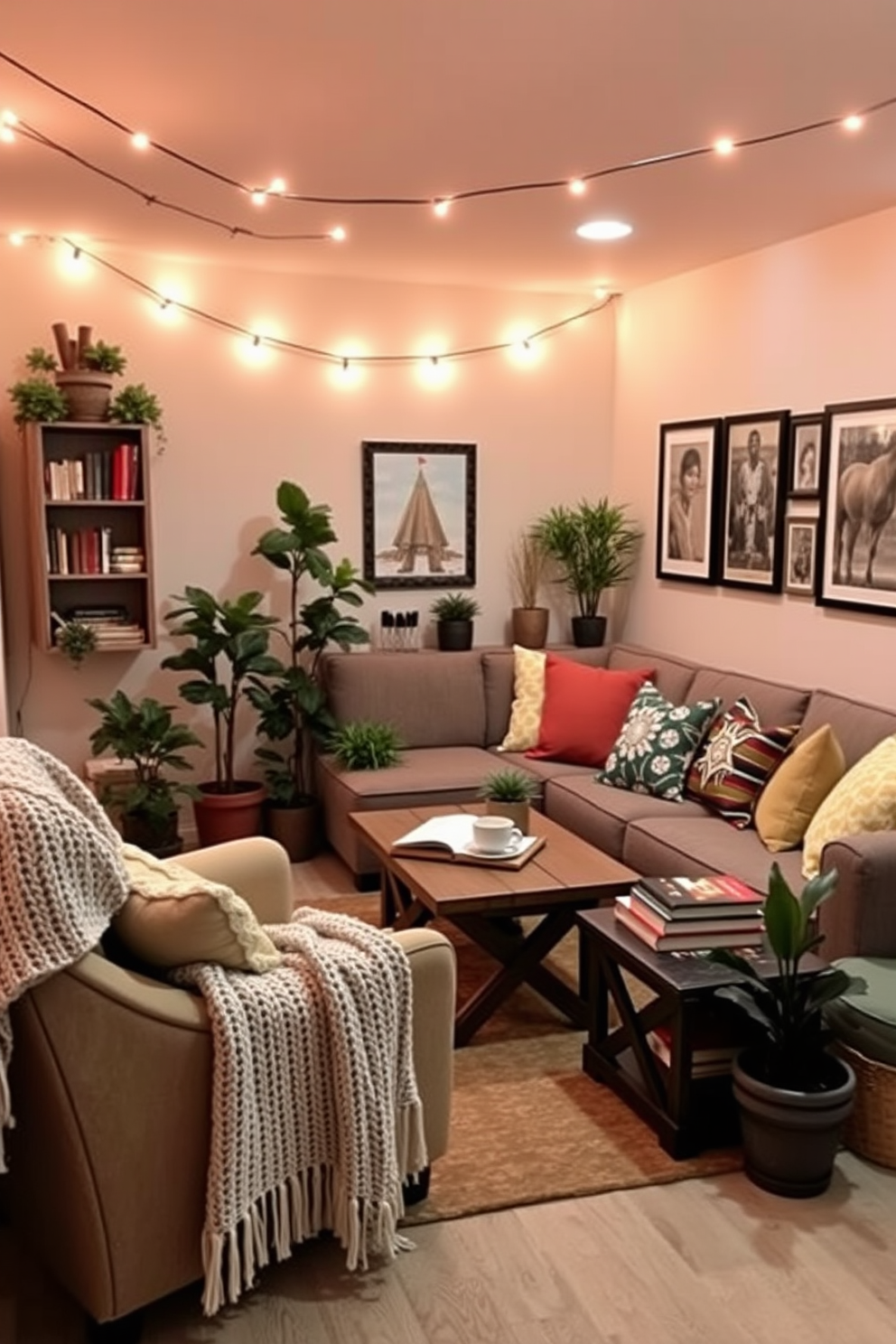 Cozy reading nook with soft lighting. A plush armchair is nestled in the corner, draped with a knitted throw blanket. A small side table holds a steaming cup of tea and a stack of well-loved books. Warm fairy lights are strung above, casting a gentle glow throughout the space. Labor Day Basement Decorating Ideas. The basement features a comfortable sectional sofa adorned with colorful cushions. A rustic coffee table sits in the center, surrounded by potted plants and framed artwork on the walls.