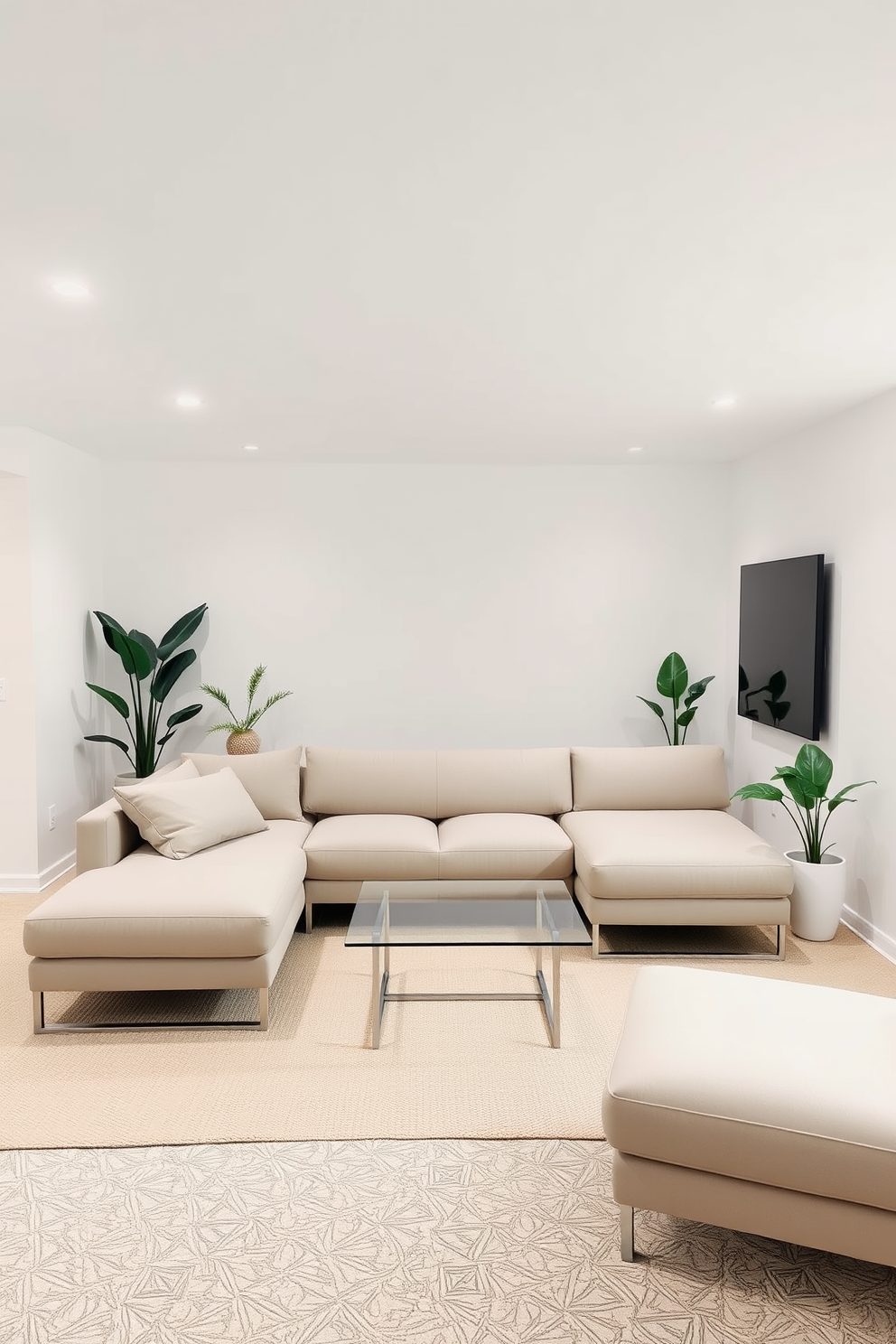 A minimalist basement design featuring sleek furniture. The space includes a low-profile sectional sofa in a neutral color, paired with a glass coffee table and a simple area rug. The walls are painted in a soft white hue, enhancing the open and airy feel. A few strategically placed indoor plants add a touch of greenery to the modern aesthetic.