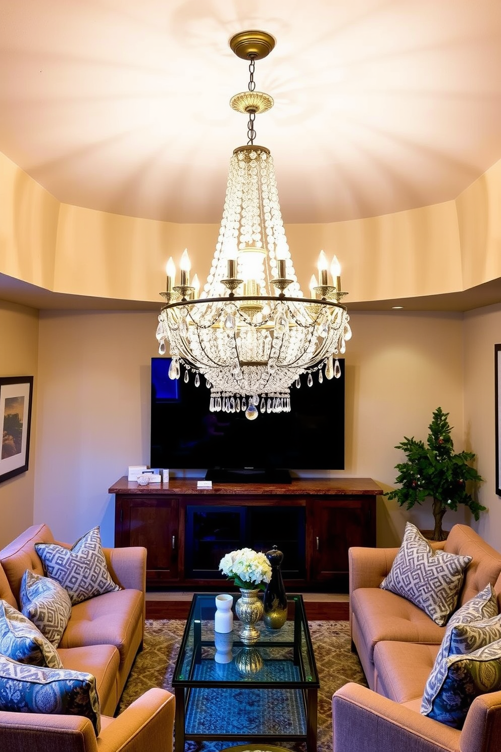 An elegant chandelier hangs gracefully from the ceiling, featuring intricate crystal details that refract light beautifully throughout the room. Below it, a cozy seating area is arranged with plush sofas and a stylish coffee table, creating an inviting atmosphere. For Labor Day basement decorating ideas, consider using a palette of warm colors to create a welcoming space. Incorporate comfortable seating and festive decorations that reflect the spirit of the holiday, making it perfect for gatherings and relaxation.