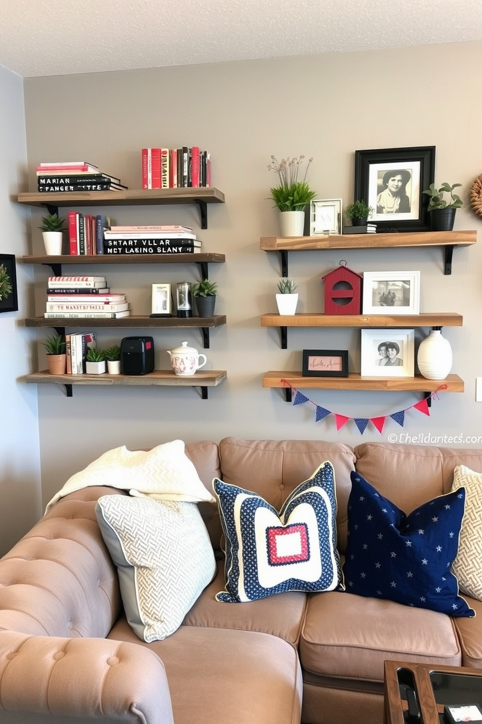 Create a cozy basement space featuring wall-mounted shelves that showcase an array of decorative items such as books, plants, and art pieces. The shelves are made of reclaimed wood and are positioned against a soft gray wall, enhancing the warmth of the room. Incorporate Labor Day-themed decor elements, such as red, white, and blue accents, along with seasonal decorations like small flags and cozy throw pillows. A comfortable seating area with a plush sofa invites relaxation, while a small coffee table holds refreshments for entertaining guests.