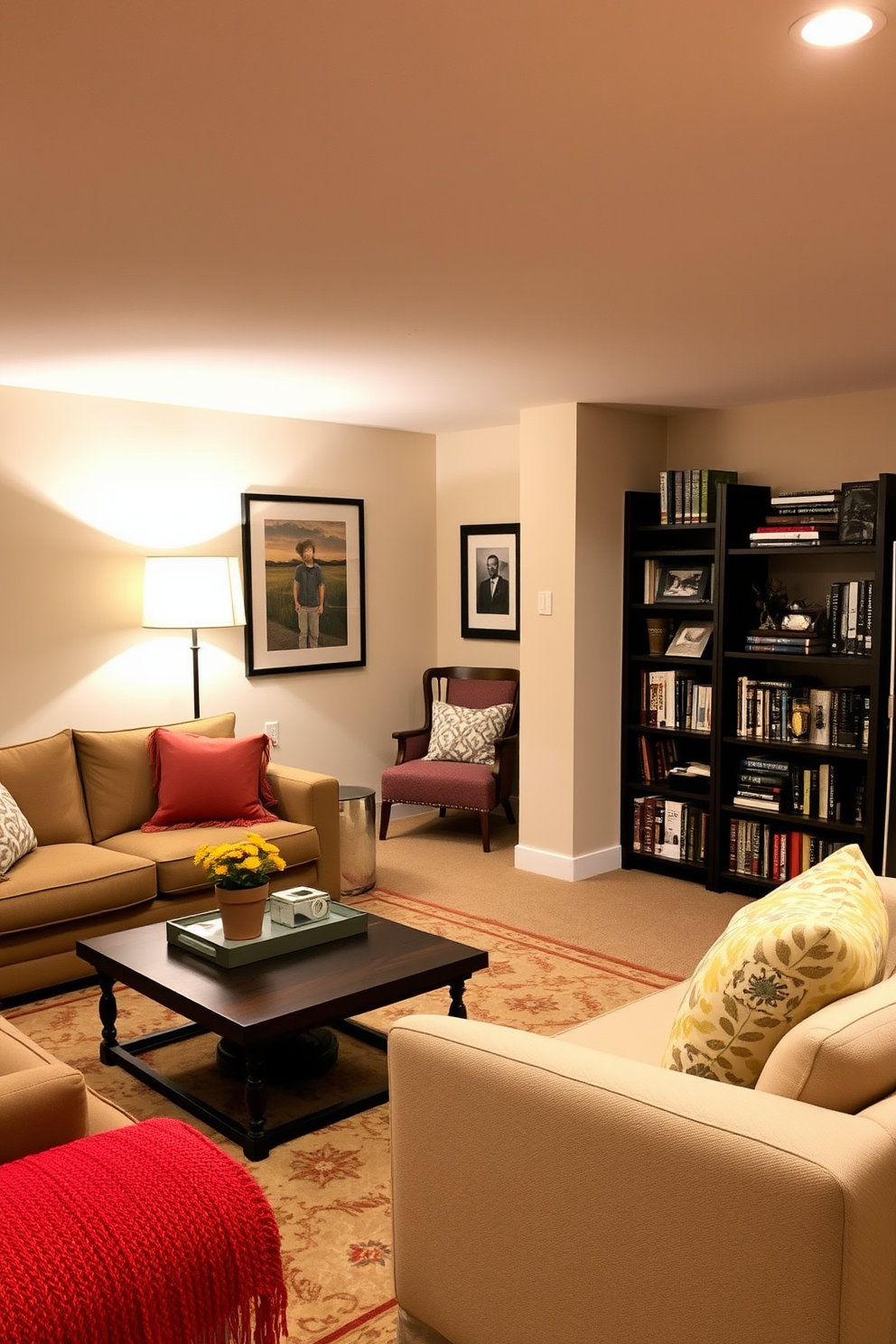 Soft area lighting creates a warm and inviting atmosphere in the basement. The space features comfortable seating with plush cushions and a stylish coffee table, perfect for gatherings. Labor Day basement decorating ideas include a cozy reading nook with a floor lamp and a bookshelf filled with favorite novels. Add personal touches like framed photographs and colorful throw blankets to enhance the decor.