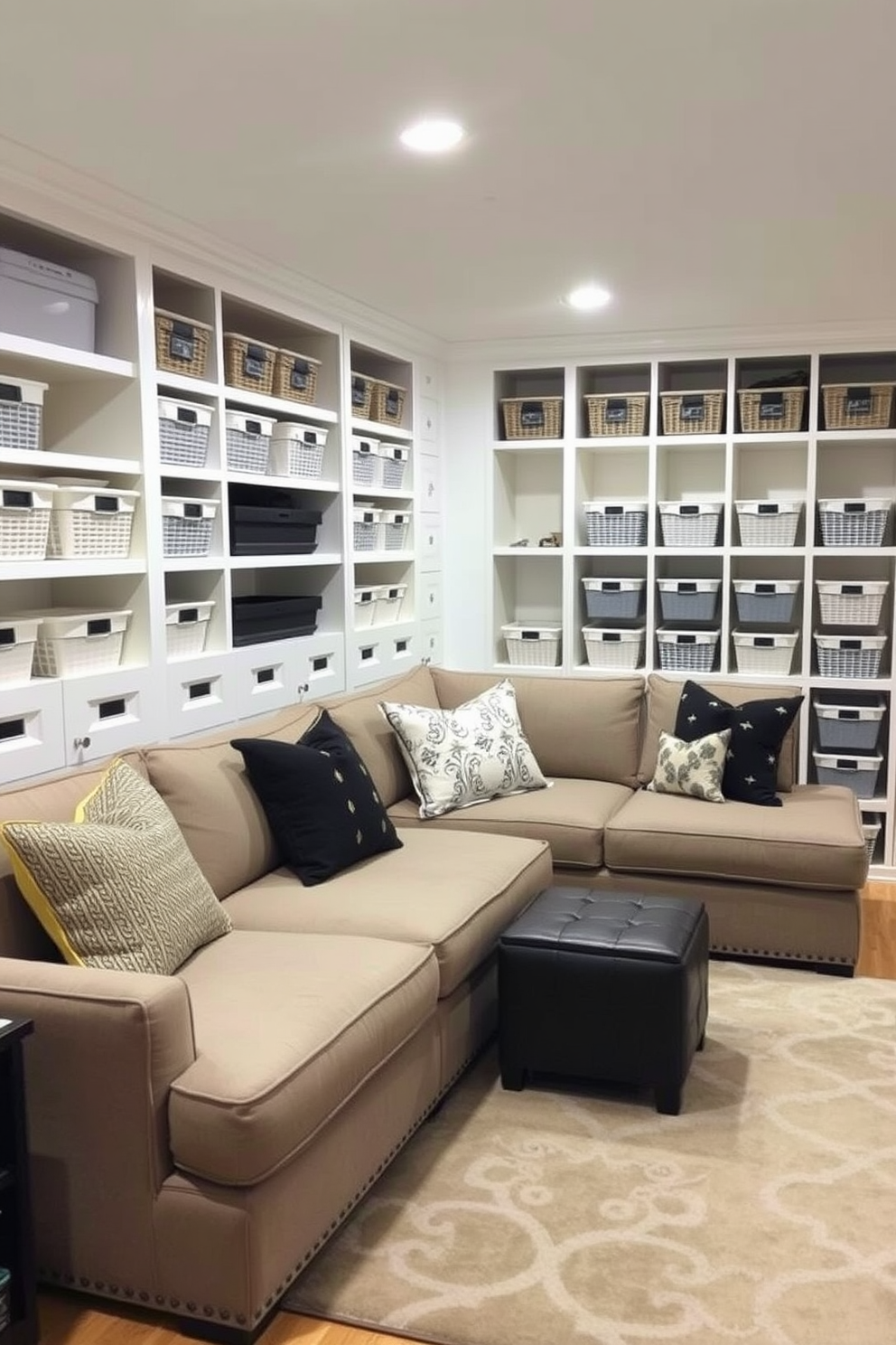 A cozy basement space designed for functionality and organization. The room features built-in shelving units along the walls filled with neatly arranged storage bins and baskets. A comfortable seating area is created with a sectional sofa that doubles as a storage solution. Decorative accents like throw pillows and a stylish area rug enhance the inviting atmosphere while keeping the space organized.