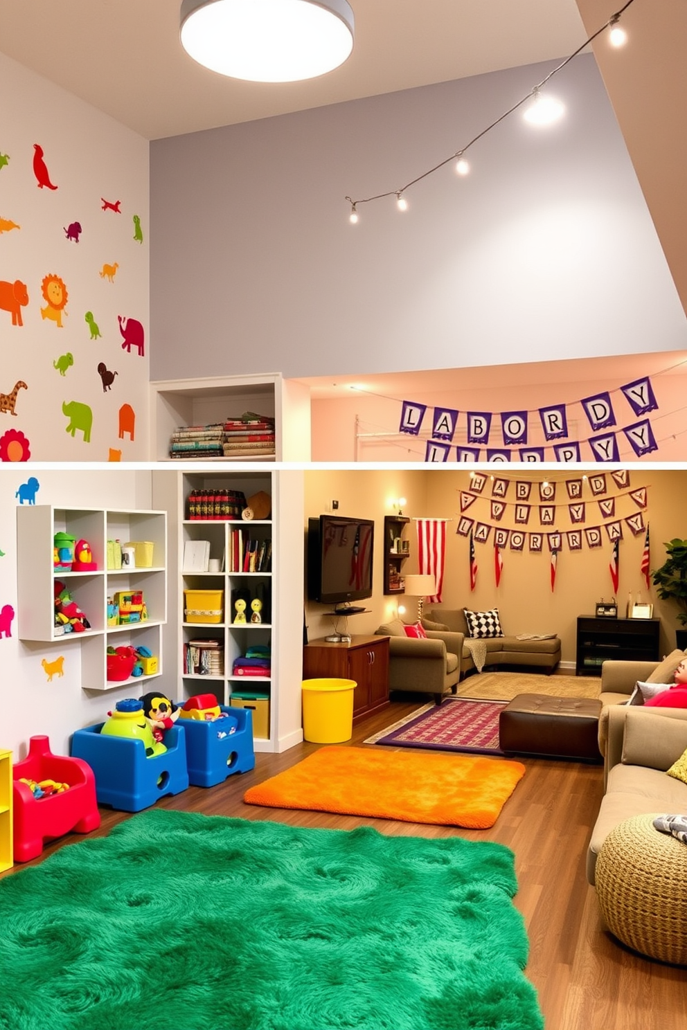 A vibrant play area for kids is designed with colorful wall decals featuring animals and shapes. Soft, plush rugs in bright colors cover the floor, and a variety of toys are neatly organized in open shelving. The basement is transformed for Labor Day with a cozy lounge area featuring comfortable seating and festive decorations. Strings of lights and themed banners create a welcoming atmosphere for family gatherings and celebrations.