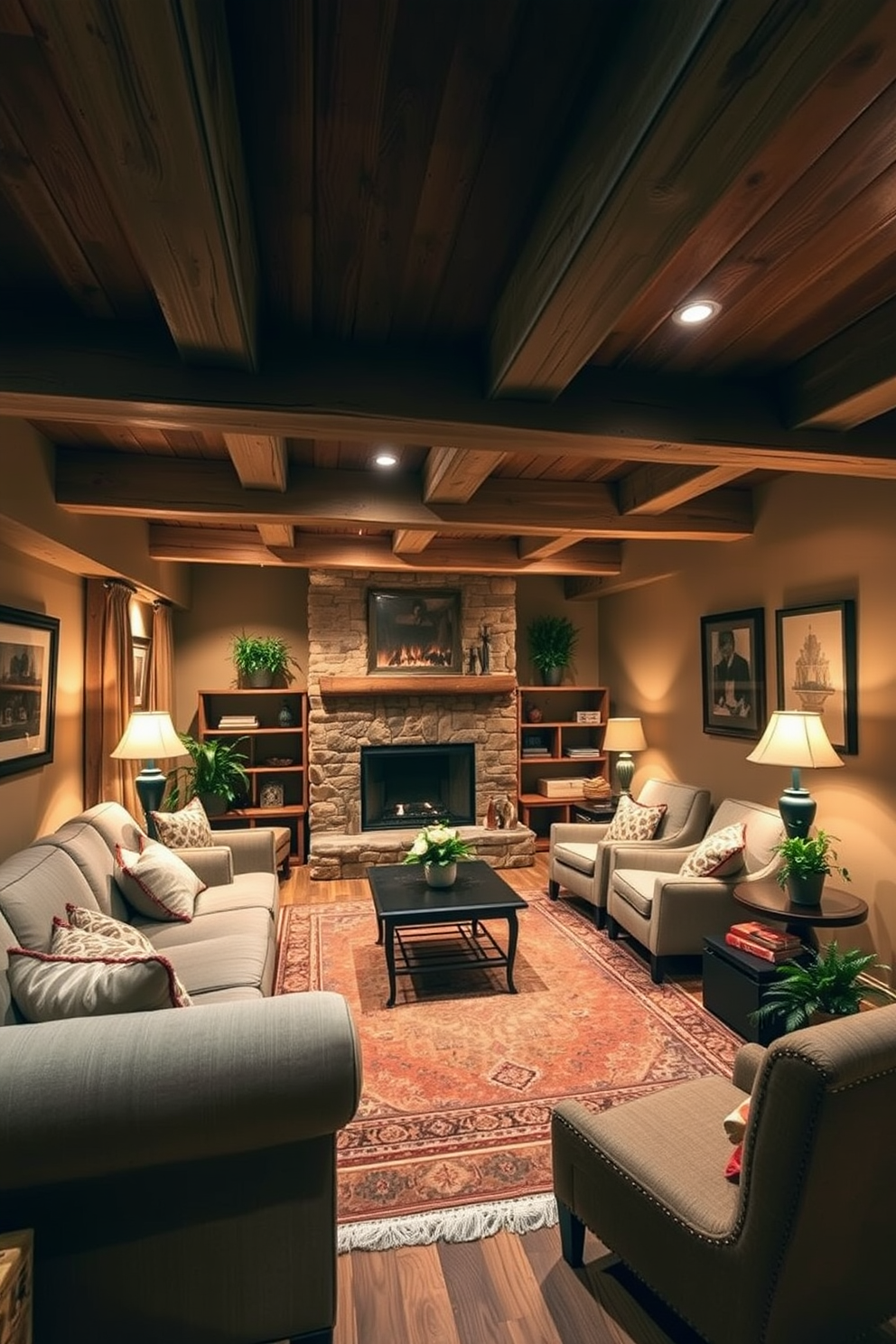 A cozy basement retreat featuring rustic wooden beams that create a warm and inviting atmosphere. The space is adorned with plush seating and a large area rug, complemented by soft lighting that enhances the natural wood tones. In one corner, a stone fireplace serves as a focal point, surrounded by comfortable chairs and a coffee table. The walls are painted in a warm neutral hue, while decorative elements such as vintage artwork and potted plants add character to the room.